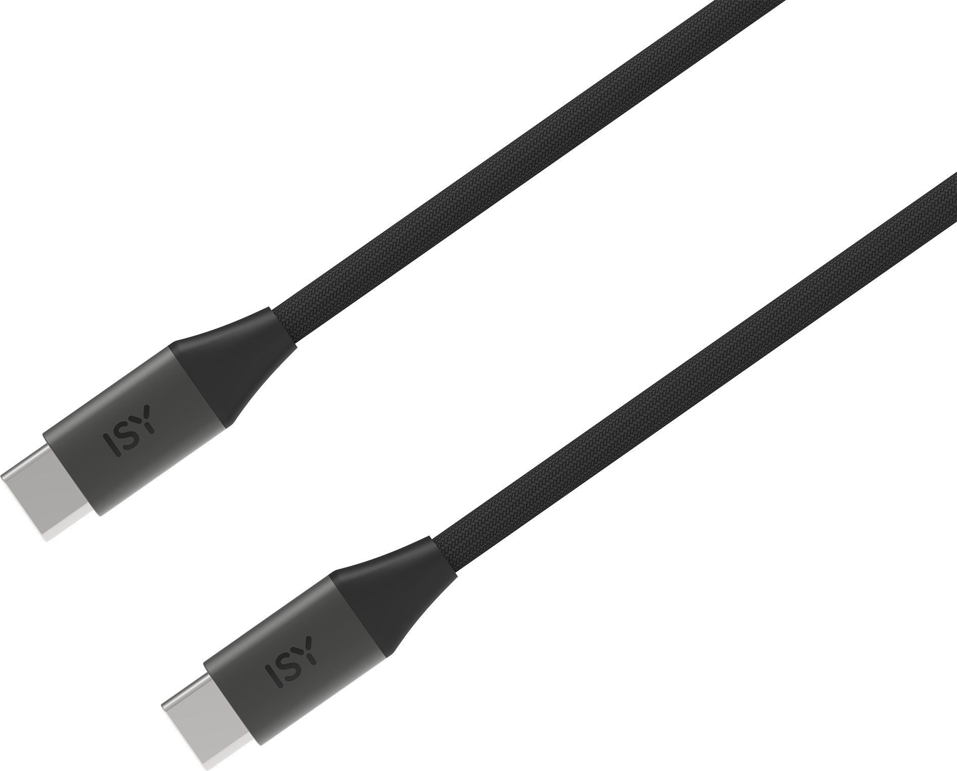 Zwei schwarze ISY USB-C Kabel mit geflochtenem Mantel auf grauem Hintergrund.