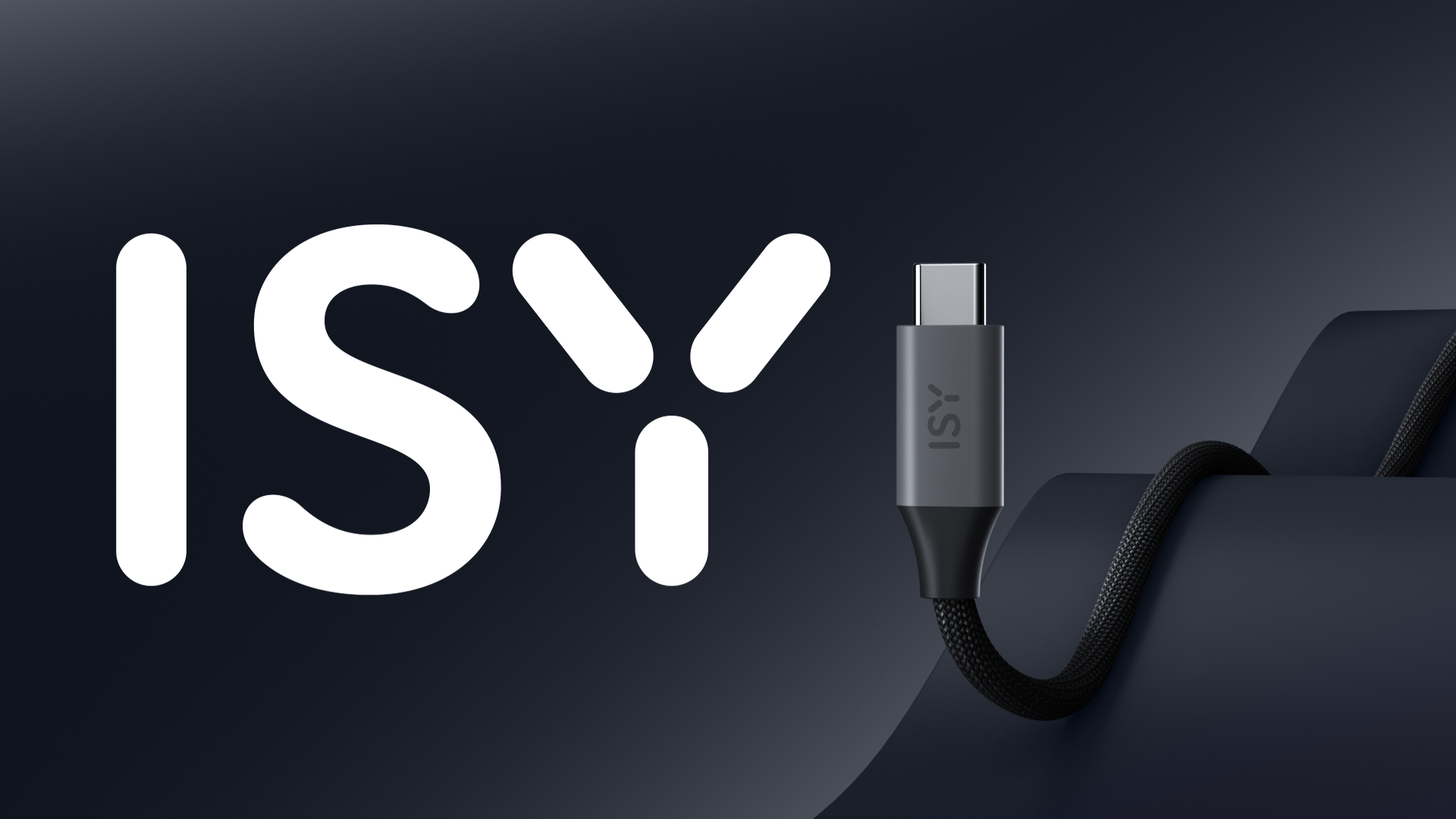 Logo 'ISY' und ein graues USB-C-Kabel mit schwarzem Geflecht.