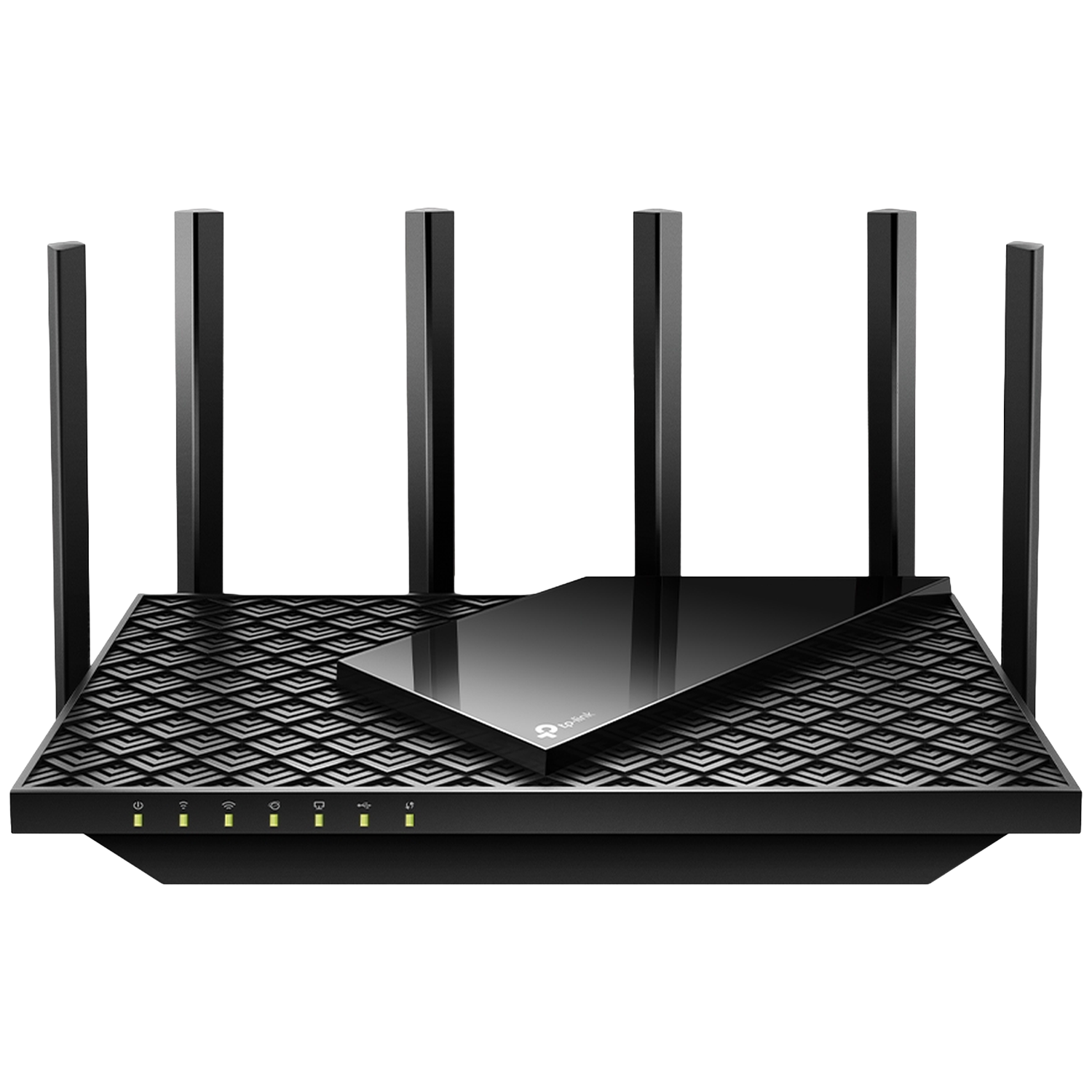 Un routeur TP-Link noir avec six antennes et des voyants d'état.