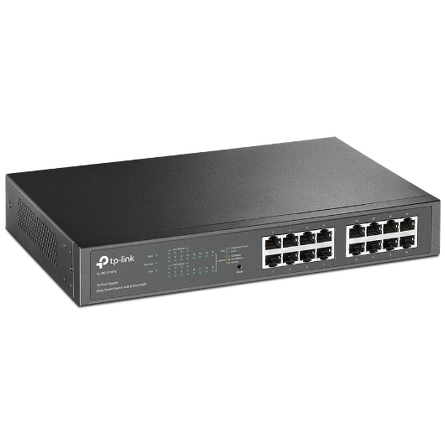 Un switch réseau TP-Link noir avec 16 ports Ethernet à l'avant.