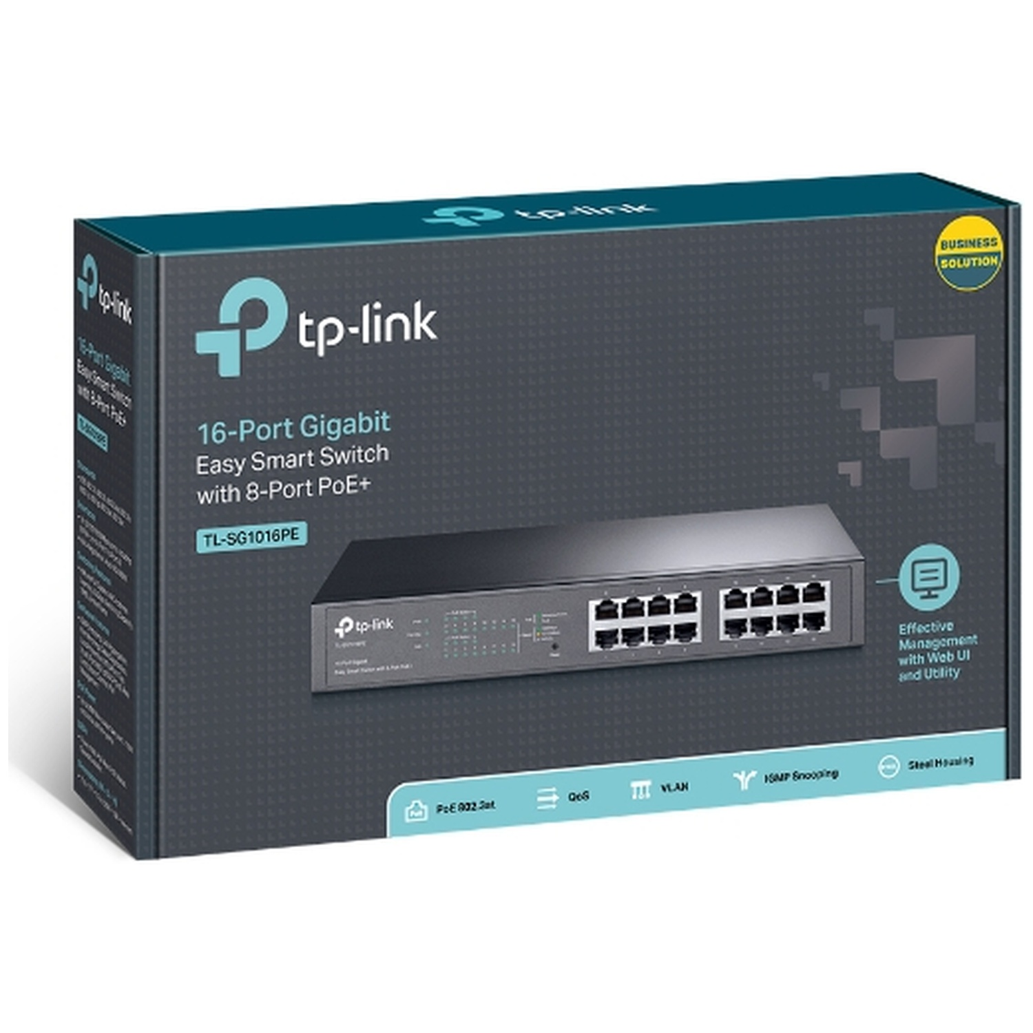 Boîte d'un switch intelligent TP-Link Gigabit 16 ports avec 8 ports PoE+.