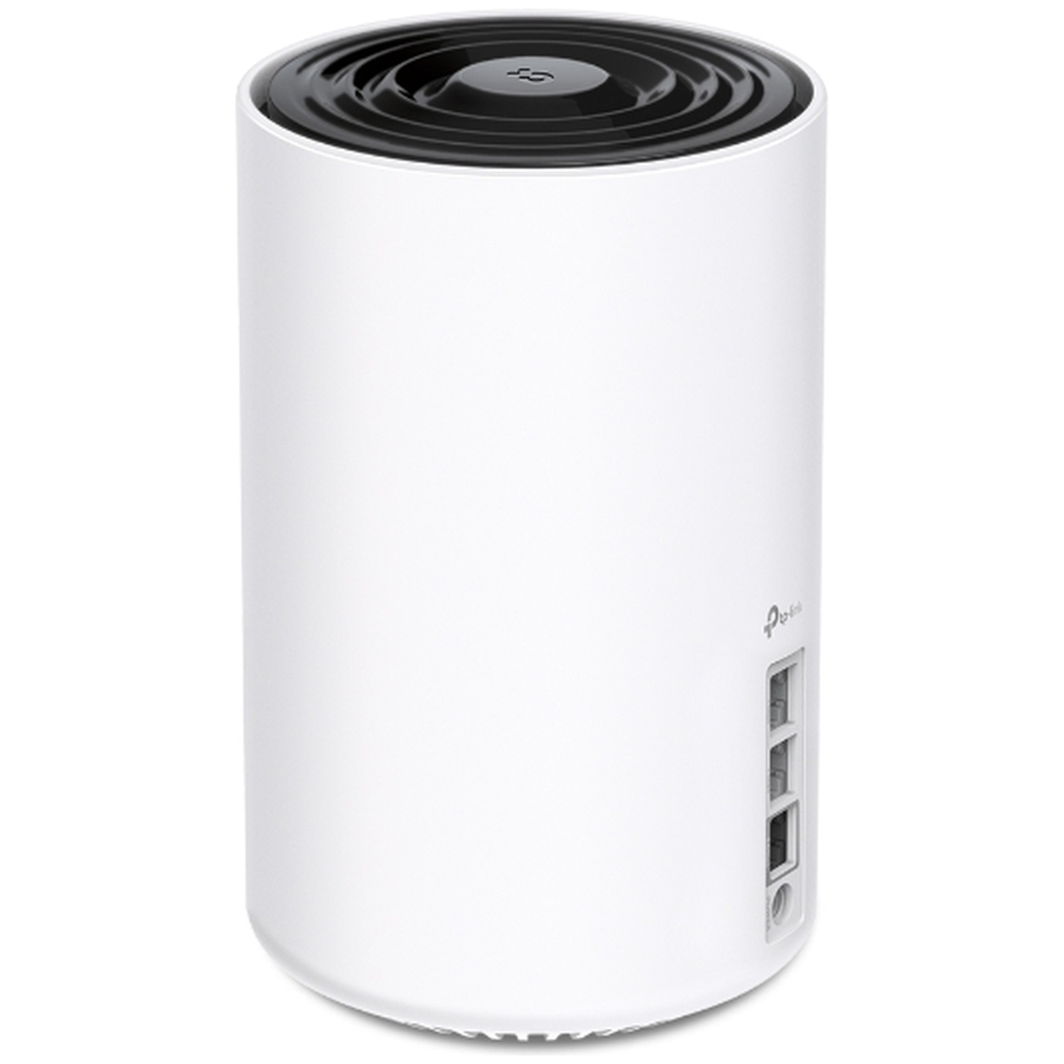 Un routeur mesh TP-Link blanc et cylindrique avec grille de ventilation noire sur le dessus.