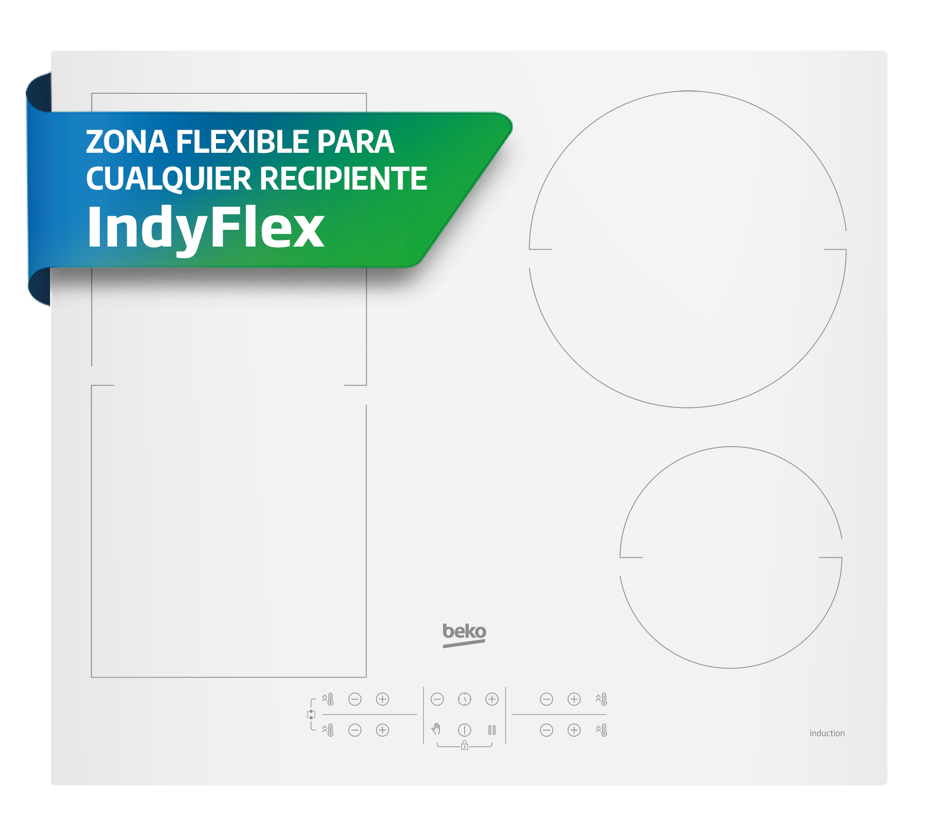 Placa de inducción blanca con dos zonas de cocción y panel de control.