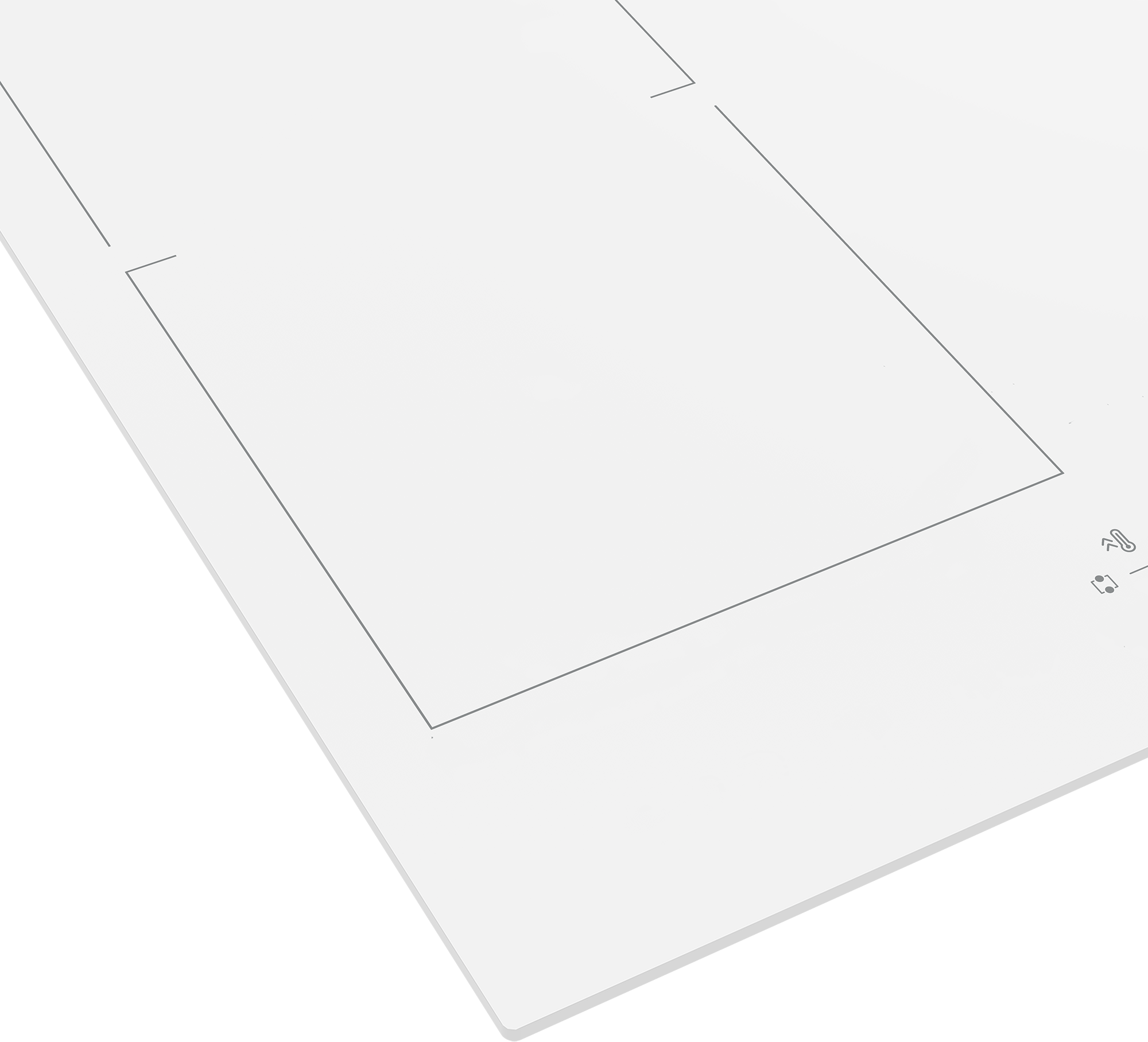Placa de inducción blanca con líneas grises y símbolos de temperatura y ventilador.