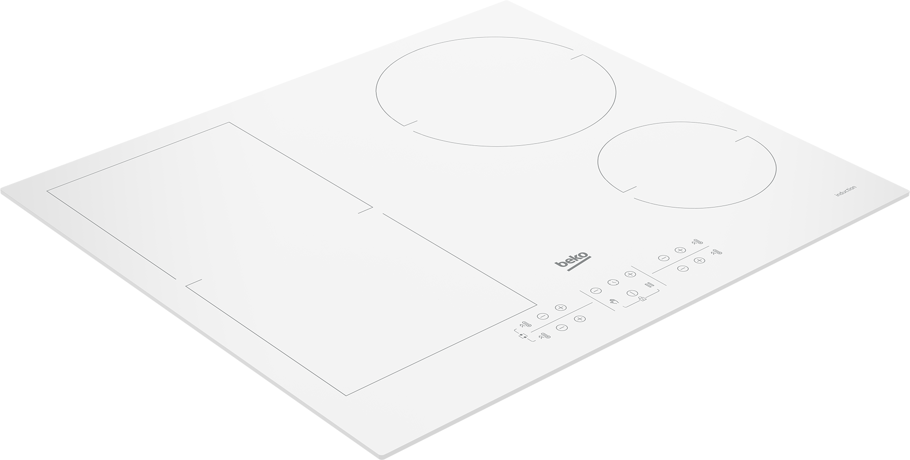 Placa de inducción Beko blanca con controles táctiles y dos zonas circulares.
