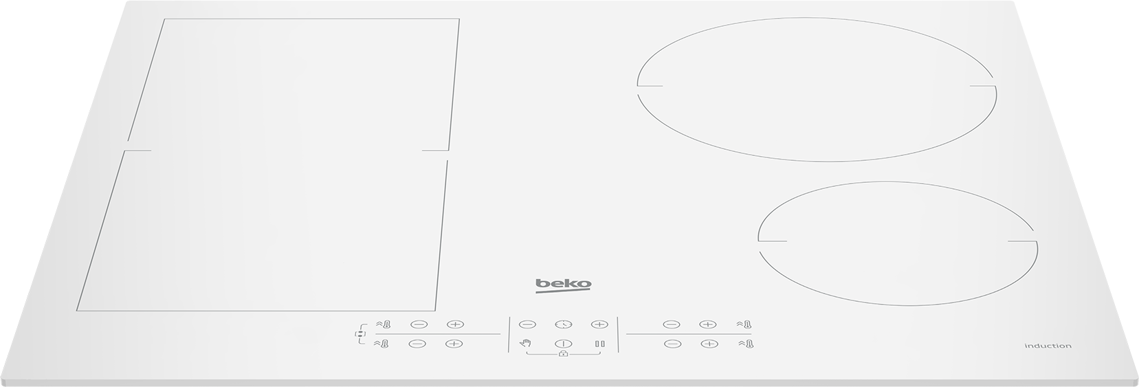 Placa de inducción Beko blanca con cuatro zonas de cocción y controles táctiles.