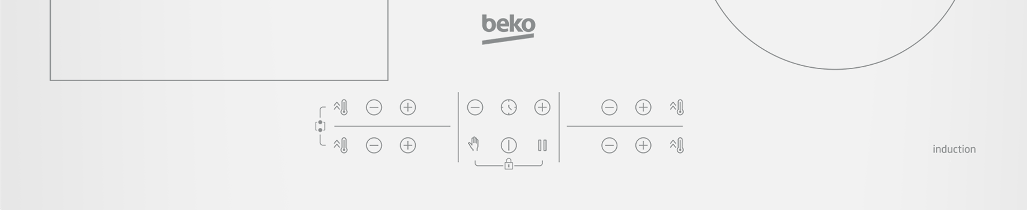 Logo Beko sobre iconos de vitrocerámica para temperatura, temporizador, bloqueo e inducción.