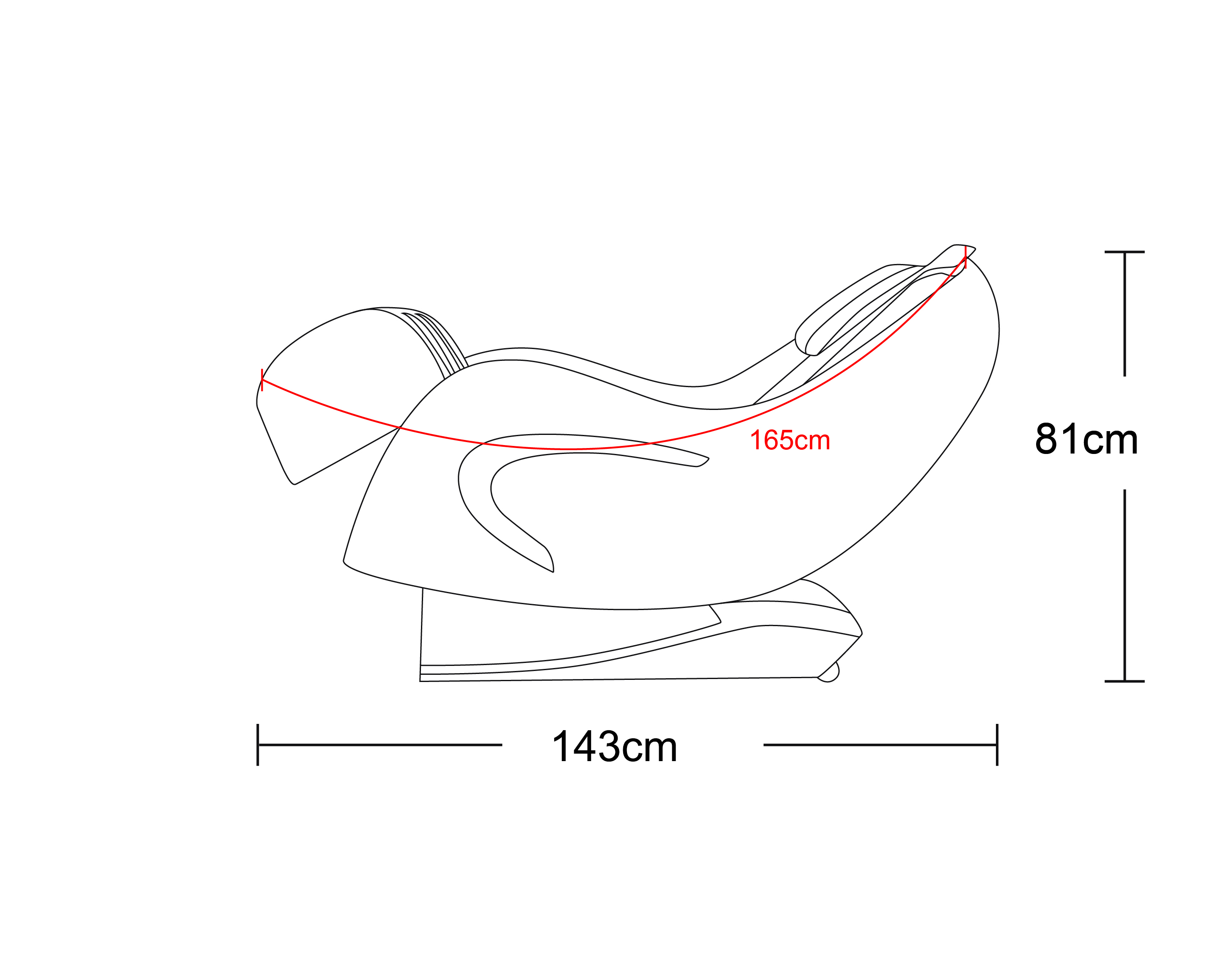 Technische Zeichnung eines Massagesessels. Länge 143cm, Höhe 81cm.