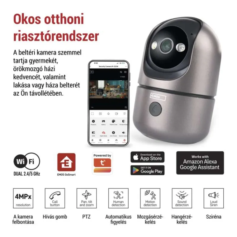 Szürke biztonsági kamera okostelefonos appal, Wi-Fi, 4MP, PTZ, érzékelés funkciókkal.