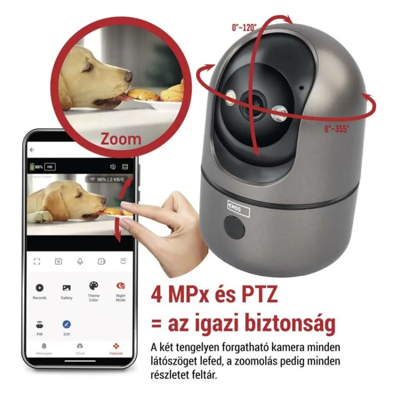 Kutya eszik kekszet, okostelefon-alkalmazással és forgatható kamerával vezérelve.