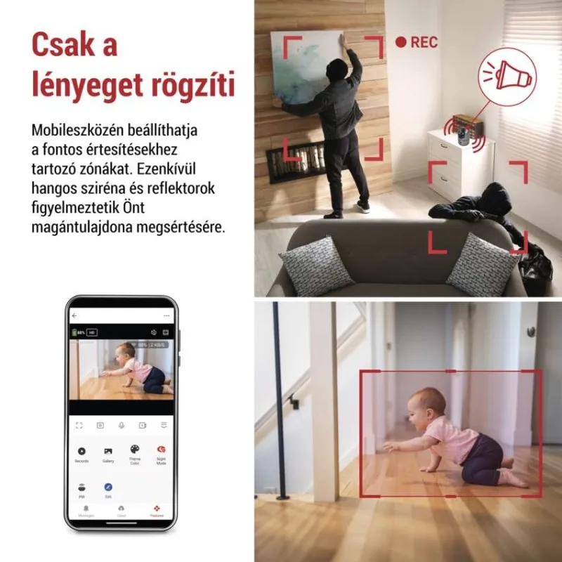 Betolakodó otthon, mászó baba, telefonos app mutatja a babát élőben.