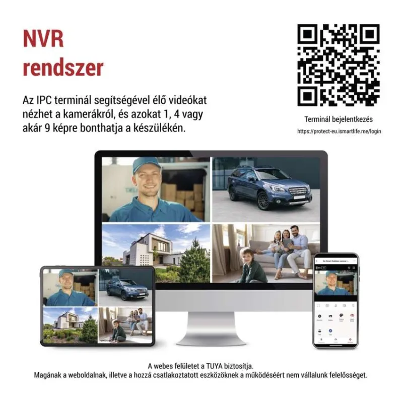 Képernyő biztonsági kameranézeteket mutat: férfi, autó, ház, család.