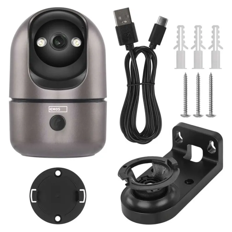 Szürke biztonsági kamera USB kábellel, tartóval, csavarokkal, tiplikkel.