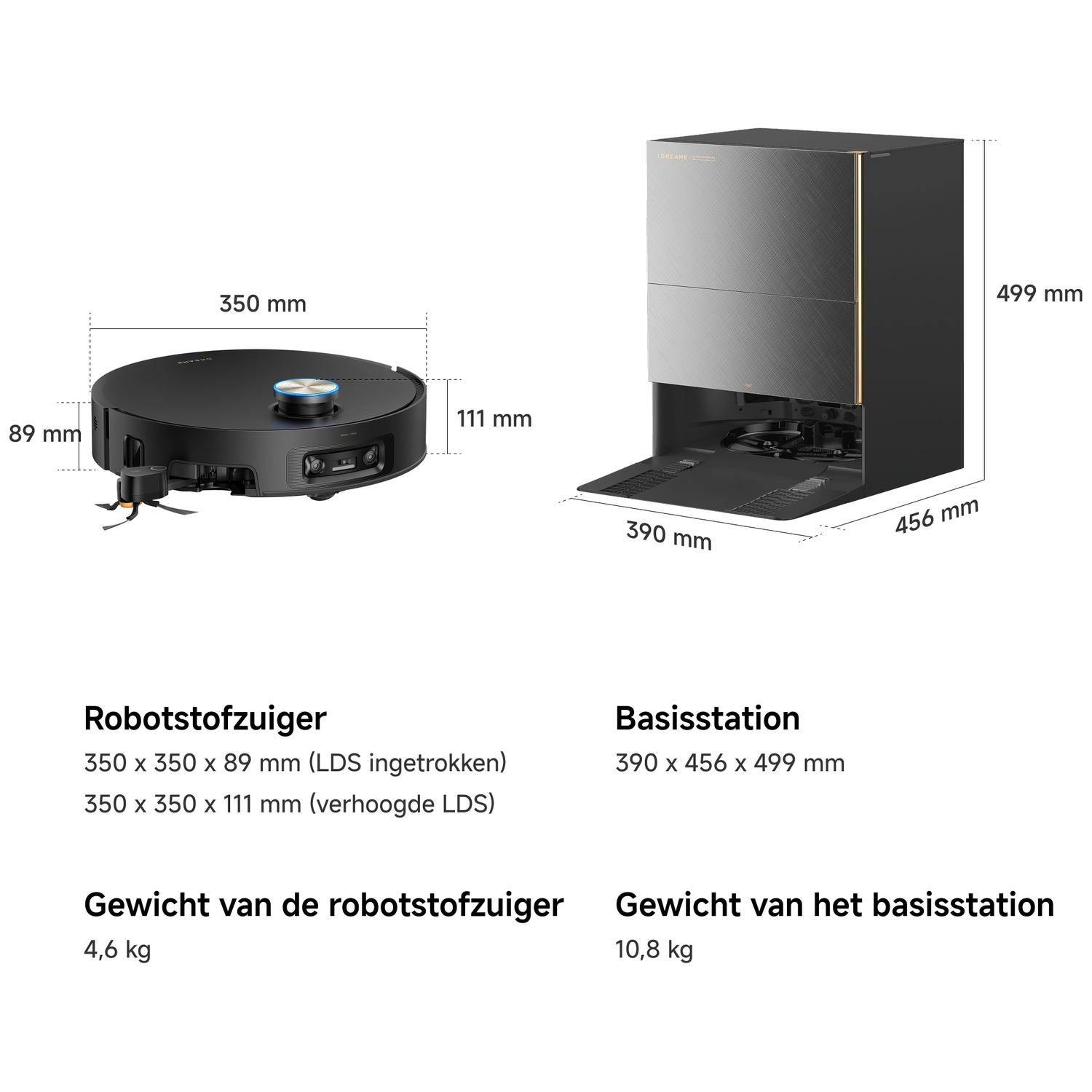 A black robot vacuum and a gray charging station with dimensions.