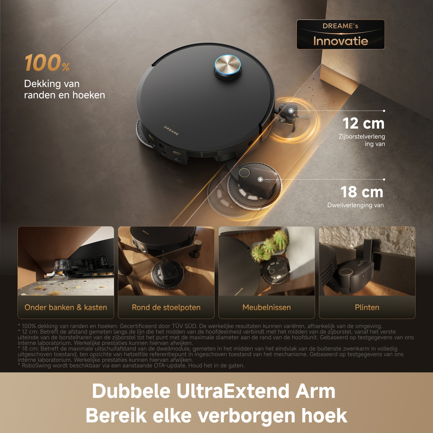 A robot vacuum cleans edges, under furniture, and around chair legs.