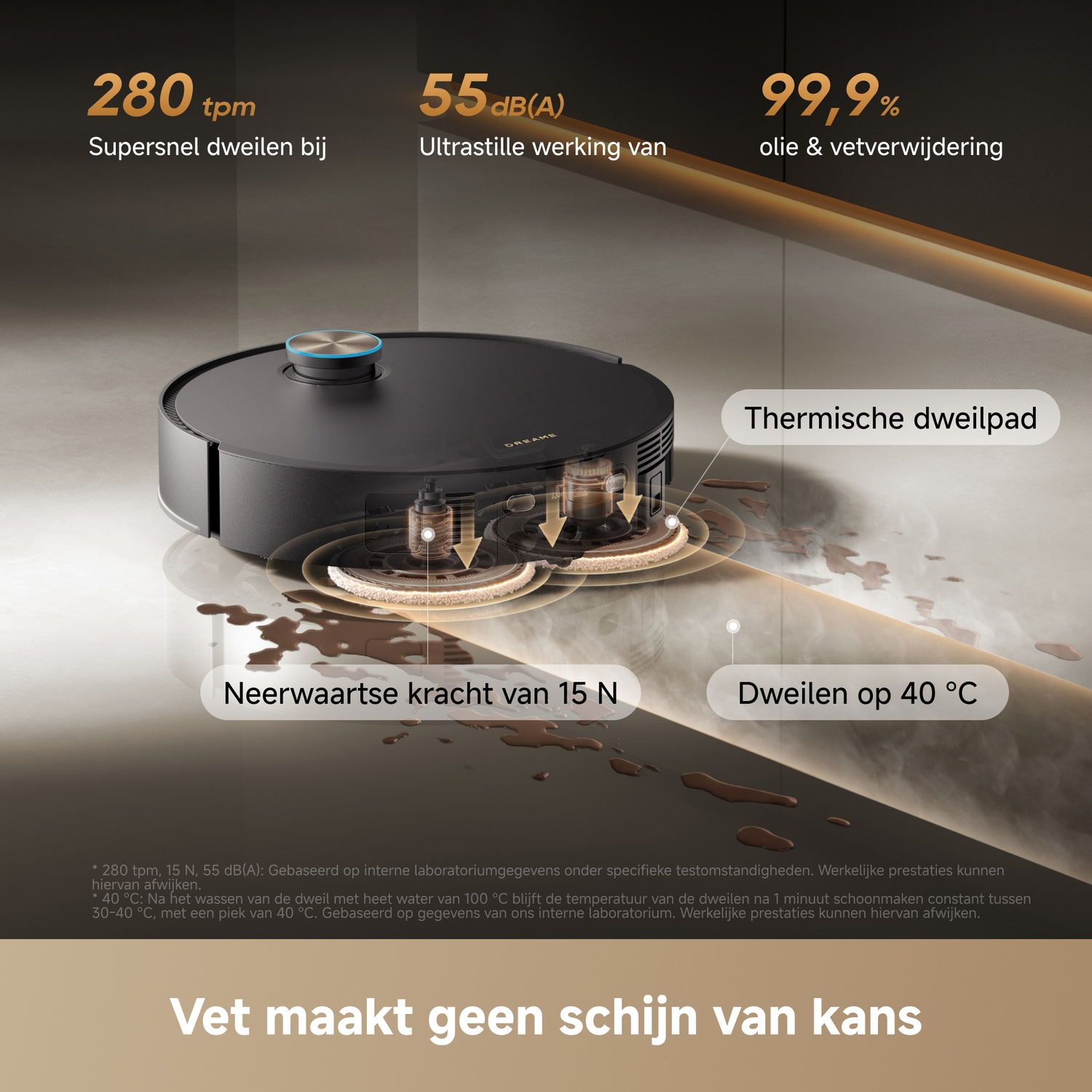 A robot vacuum with mopping function, removing oil and grease with 99.9% efficiency.