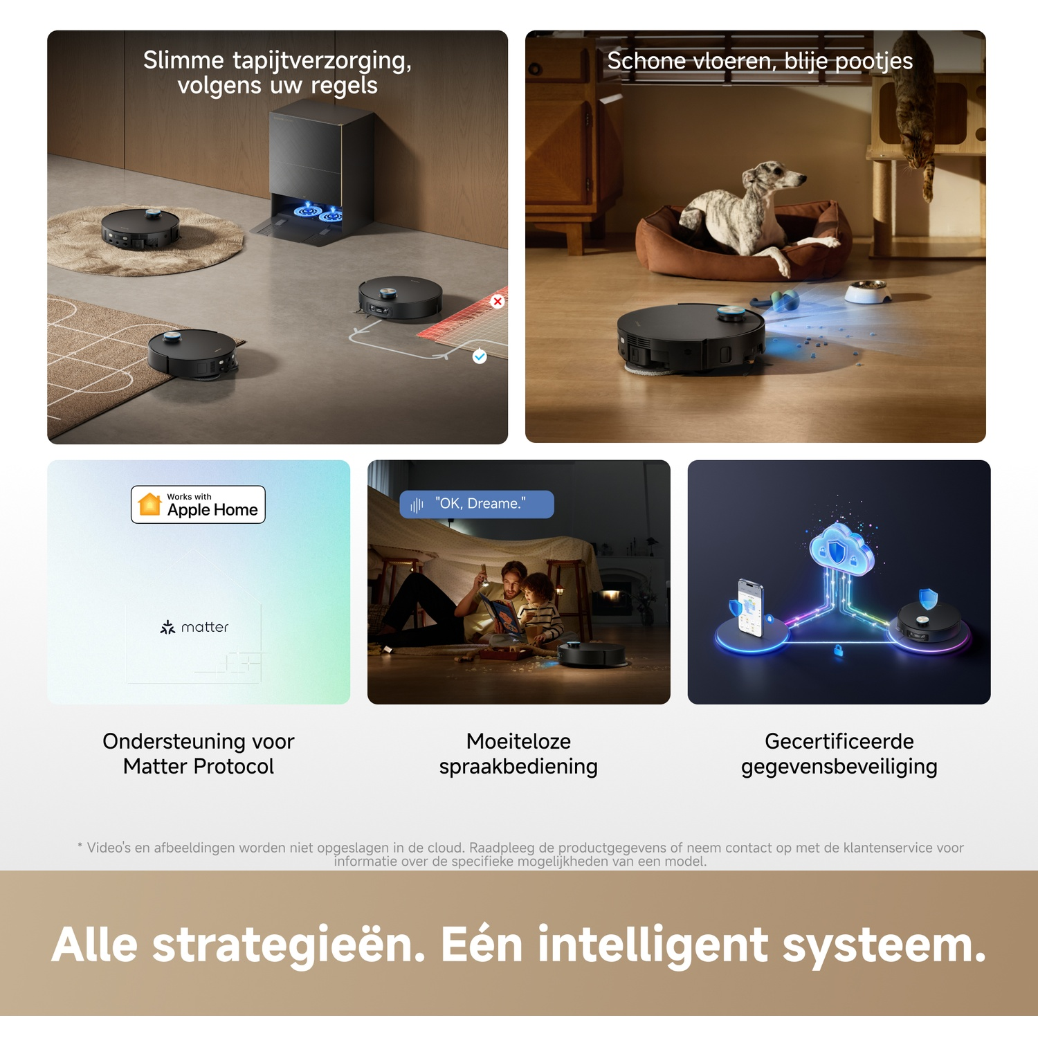 Robot vacuums on rugs & floors, pets, Apple Home, voice control, cloud security.