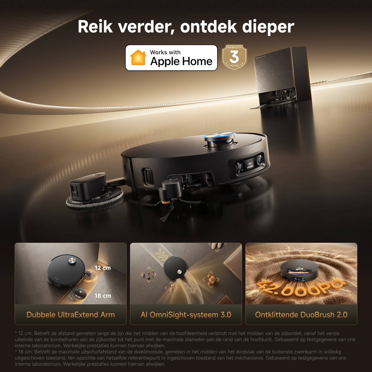 A robot vacuum with extendable arm, AI navigation, dual brush, and Apple Home compatibility.