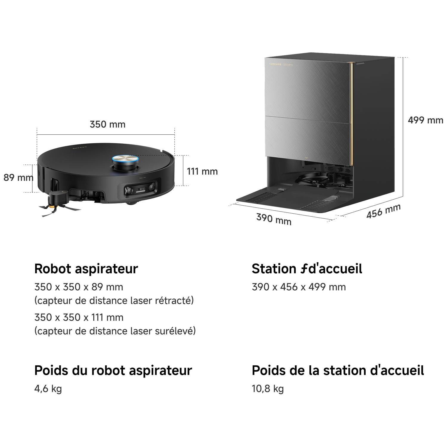Aspirateur robot noir et station de charge grise avec dimensions.
