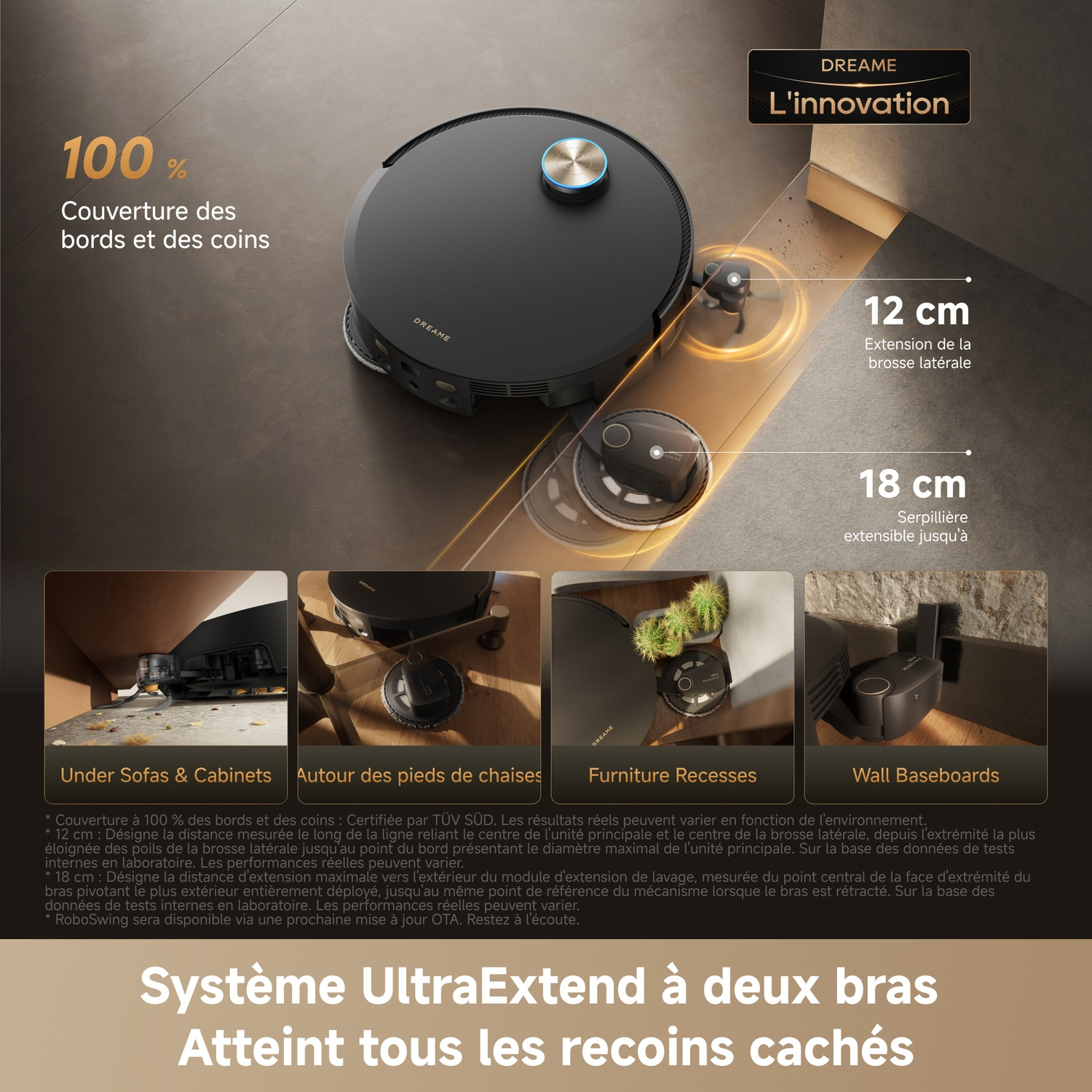 Aspirateur robot noir avec deux bras extensibles pour nettoyer les coins.