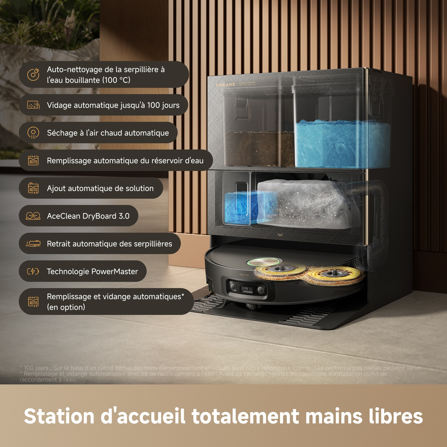 Station de nettoyage pour robot aspirateur avec changement, vidange et remplissage auto.