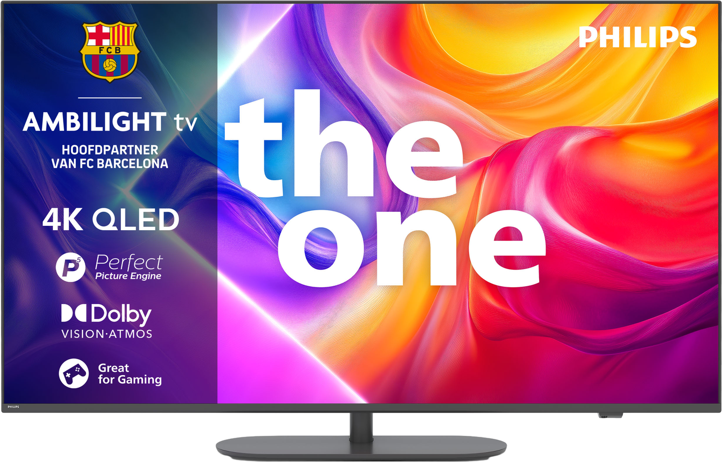 Philips 4K QLED Ambilight TV met FC Barcelona logo en kleurrijke golven.