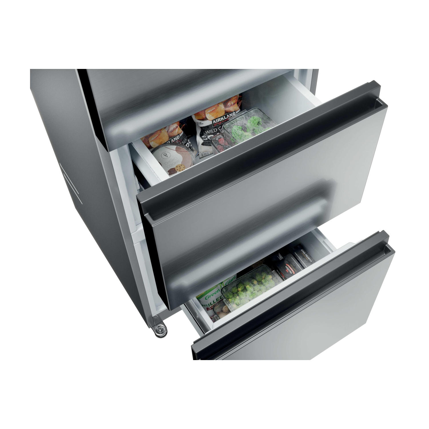 Cassetti del congelatore aperti con alimenti surgelati come gelato, verdure e frutti di mare.