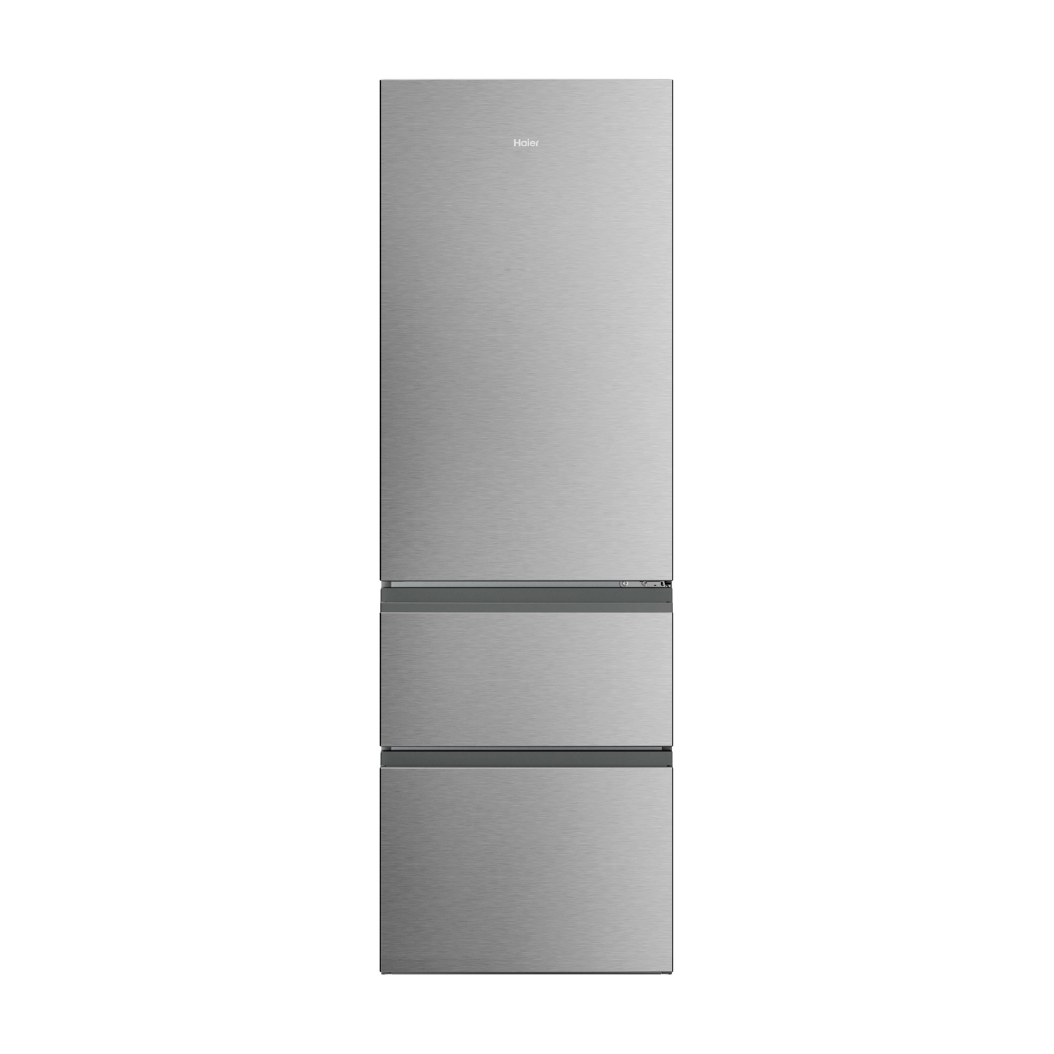 Un frigorifero argento ed elegante con tre cassetti e logo Haier.