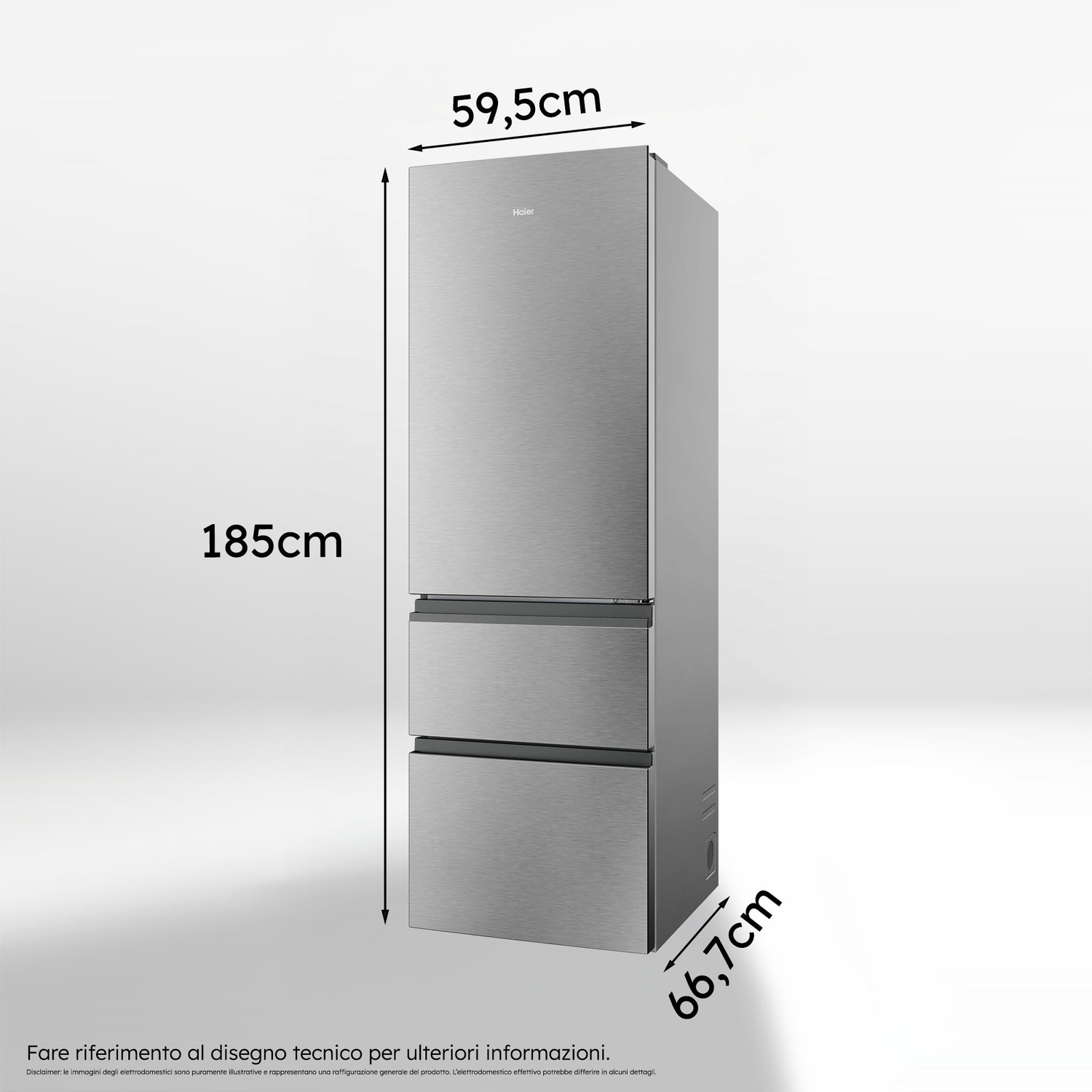 Un frigorifero argento a tre porte, altezza 185cm, larghezza 59,5cm, profondità 66,7cm.