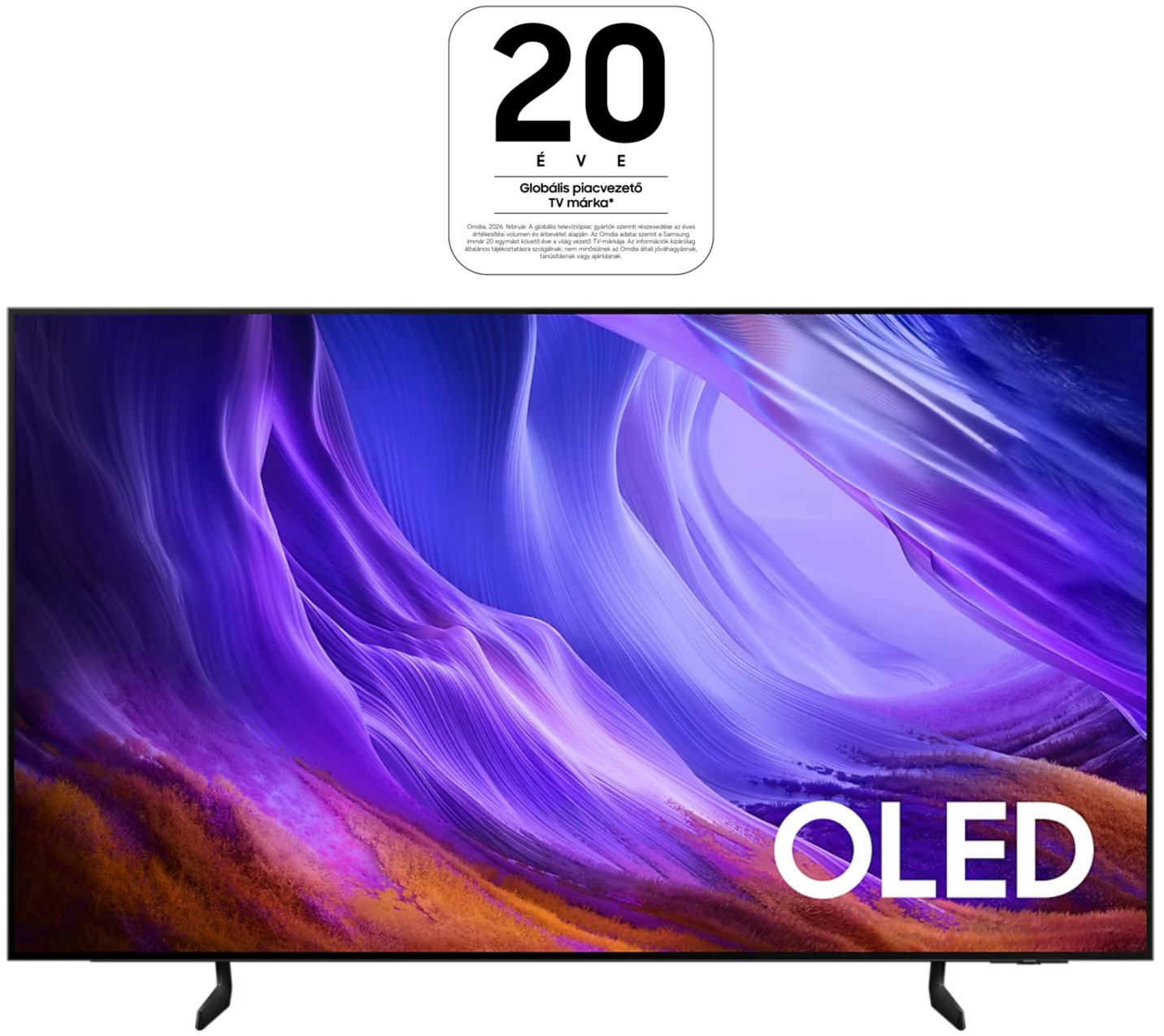 Modern OLED TV, lila és narancssárga absztrakt háttérképpel.