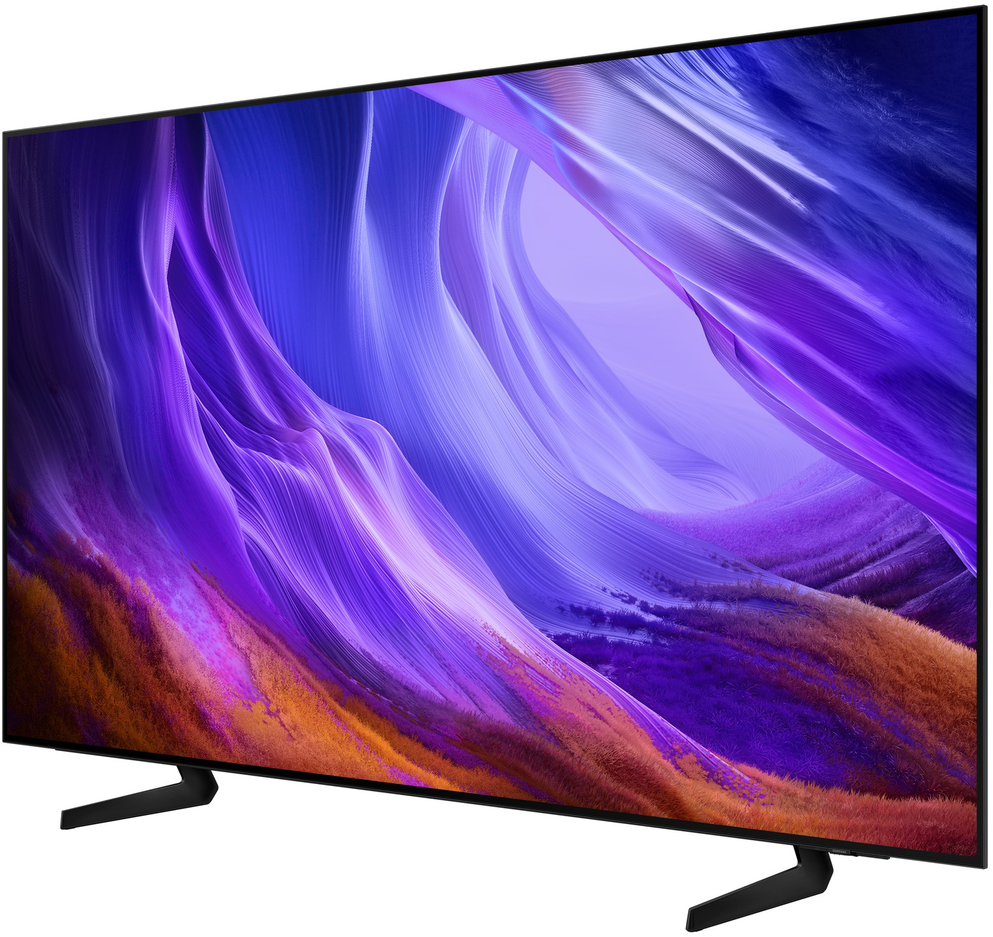 Egy modern televízió, képernyőjén lila és narancssárga absztrakt, hullámzó mintával.