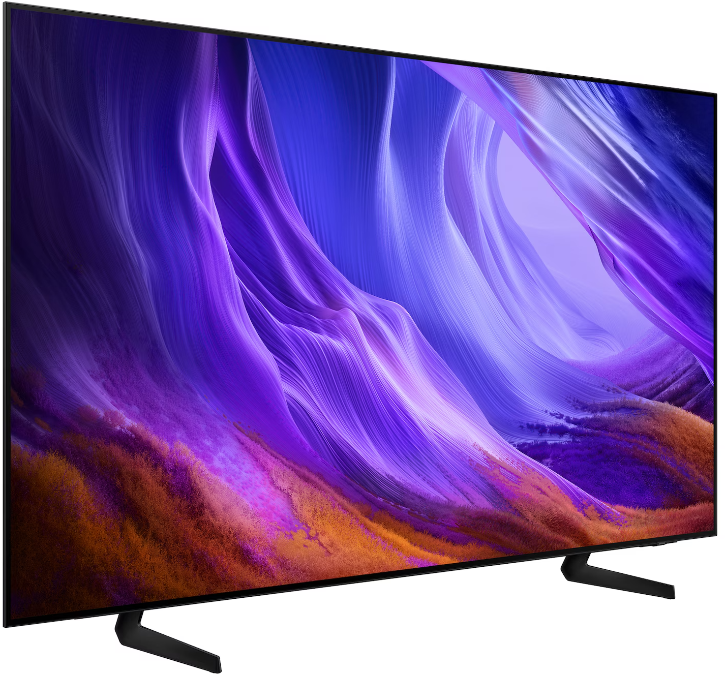 Egy modern televízió absztrakt, hullámzó lila és kék képernyővédővel.