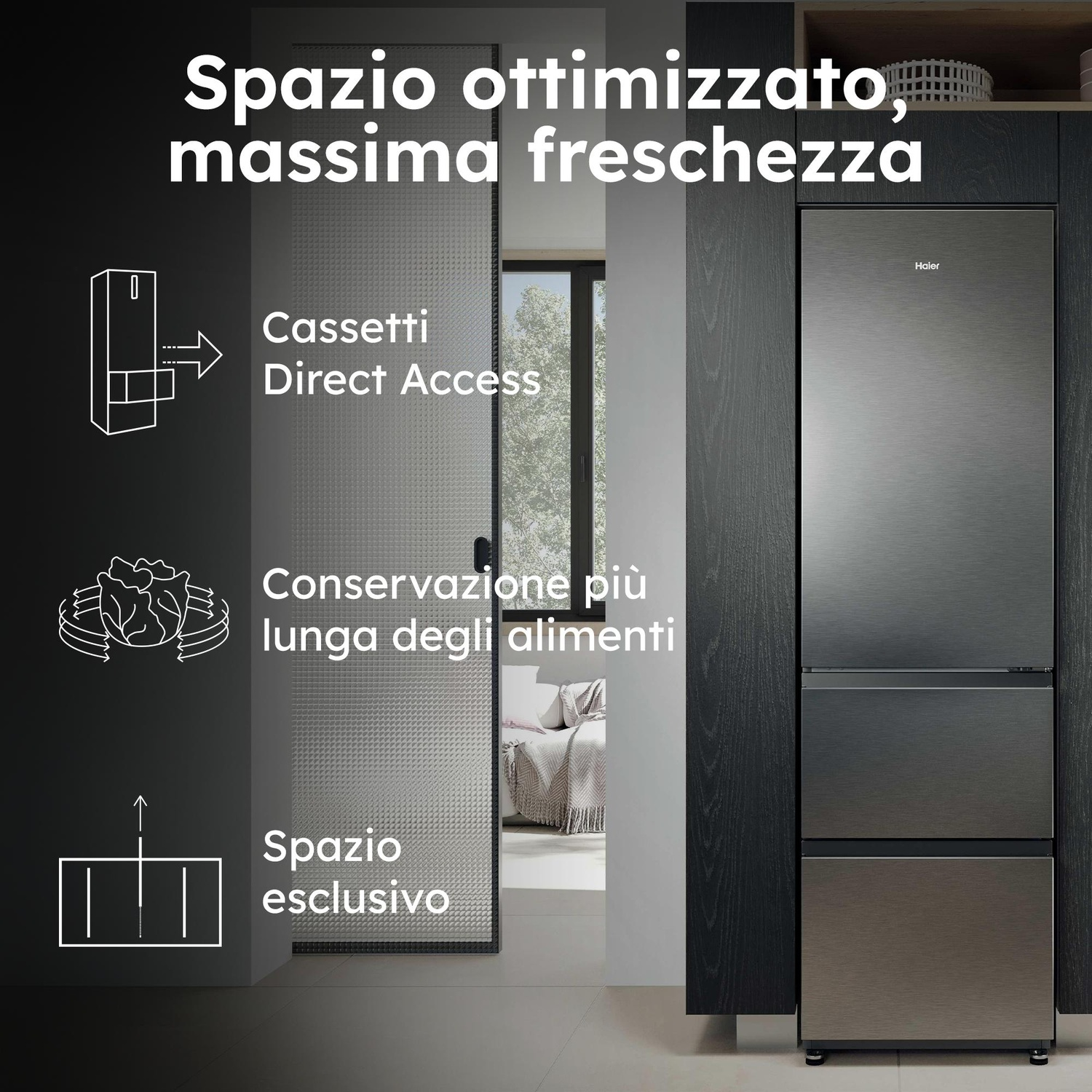 Un frigorifero Haier con tre cassetti. Spazio ottimizzato.