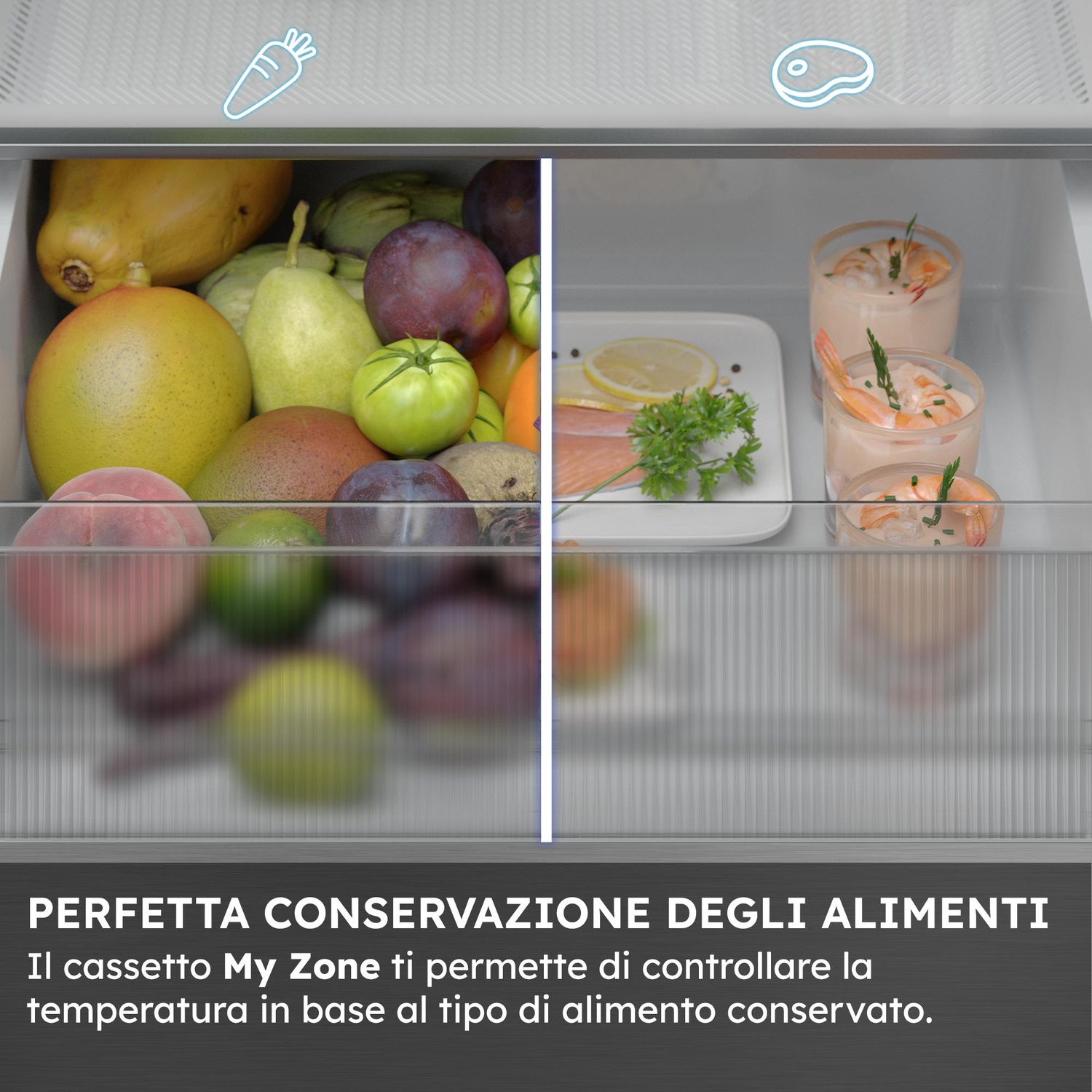 Cassetto frigo con frutta, verdura e gamberetti. Icone carota e bistecca in alto.