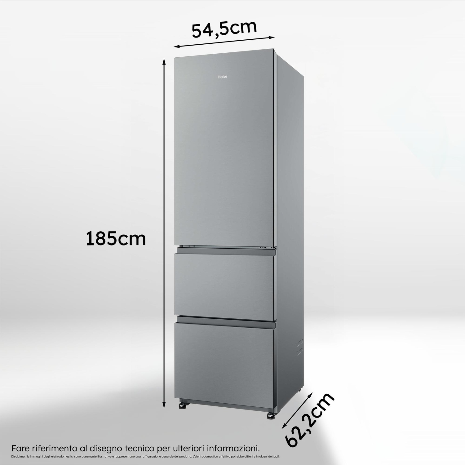 Un frigorifero Haier alto, sottile e grigio, alto 185 cm, largo 54,5 cm, profondo 62,2 cm.