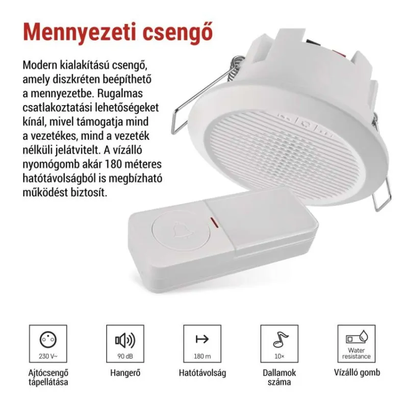 Fehér mennyezeti hangszóró és fehér vezeték nélküli csengő gomb harang ikonnal.