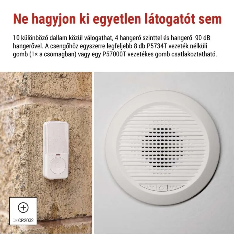 Fehér vezeték nélküli csengő és fehér csengőgomb elemmel