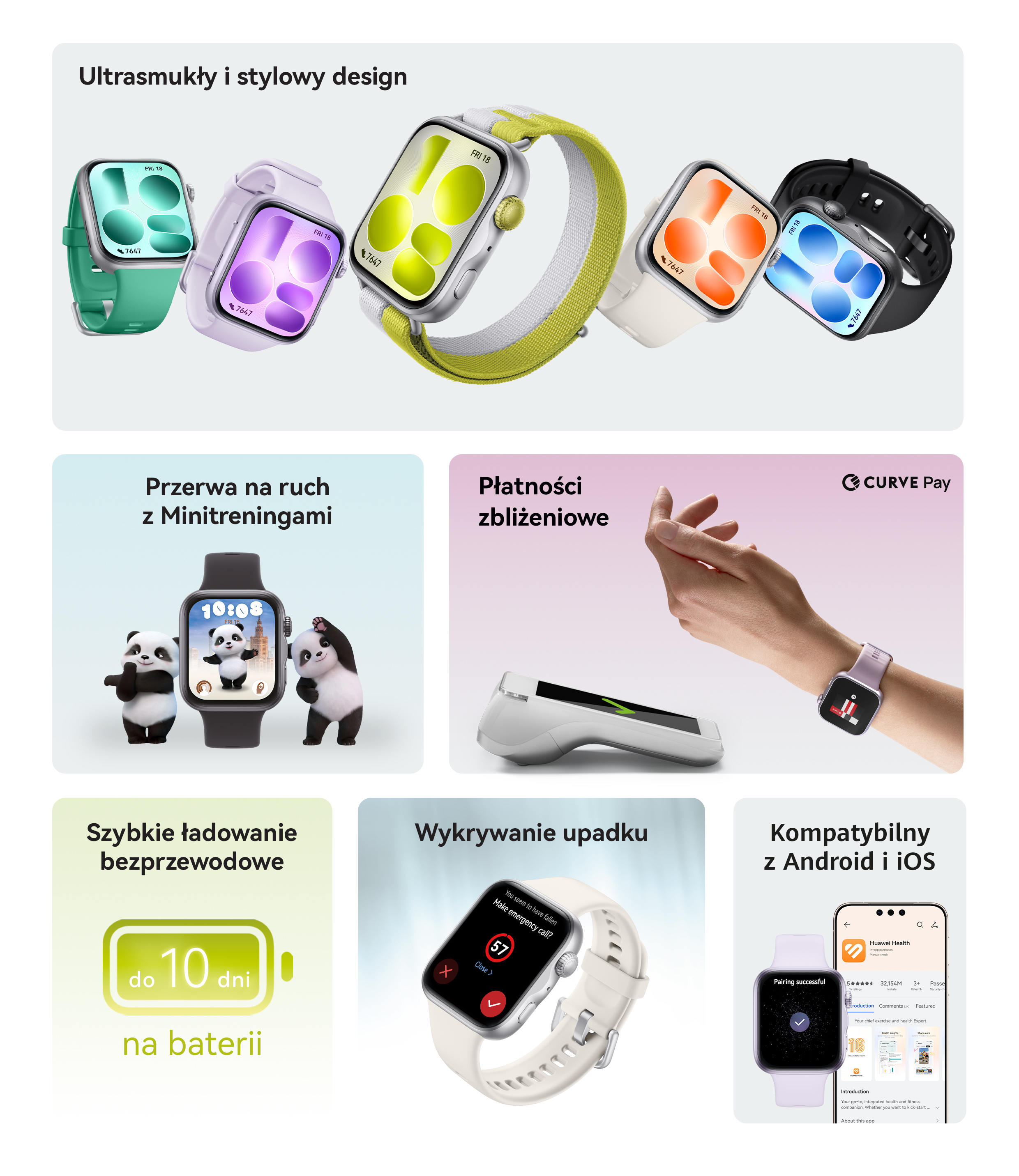 Kilka stylowych smartwatchy w różnych kolorach, jeden z motywem pandy.