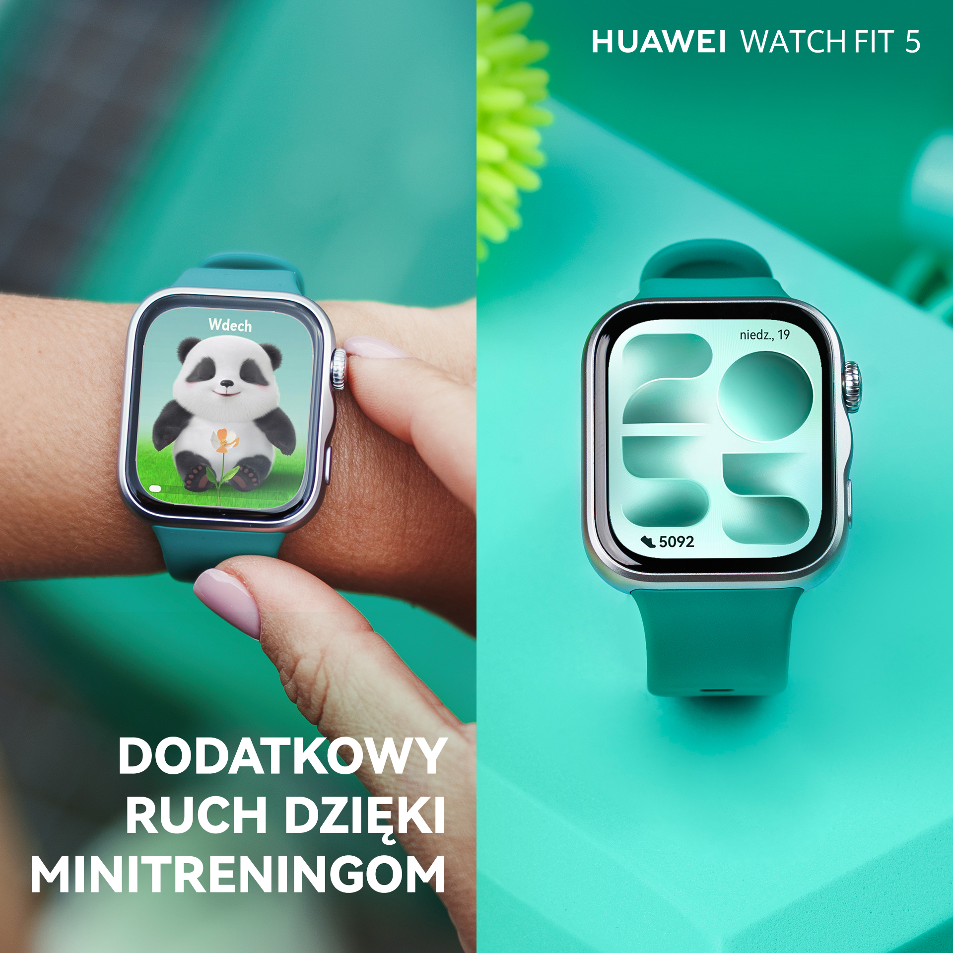 Dwa zegarki Huawei Watch Fit 5 na miętowym tle. Jeden pokazuje pandę, drugi widżety.