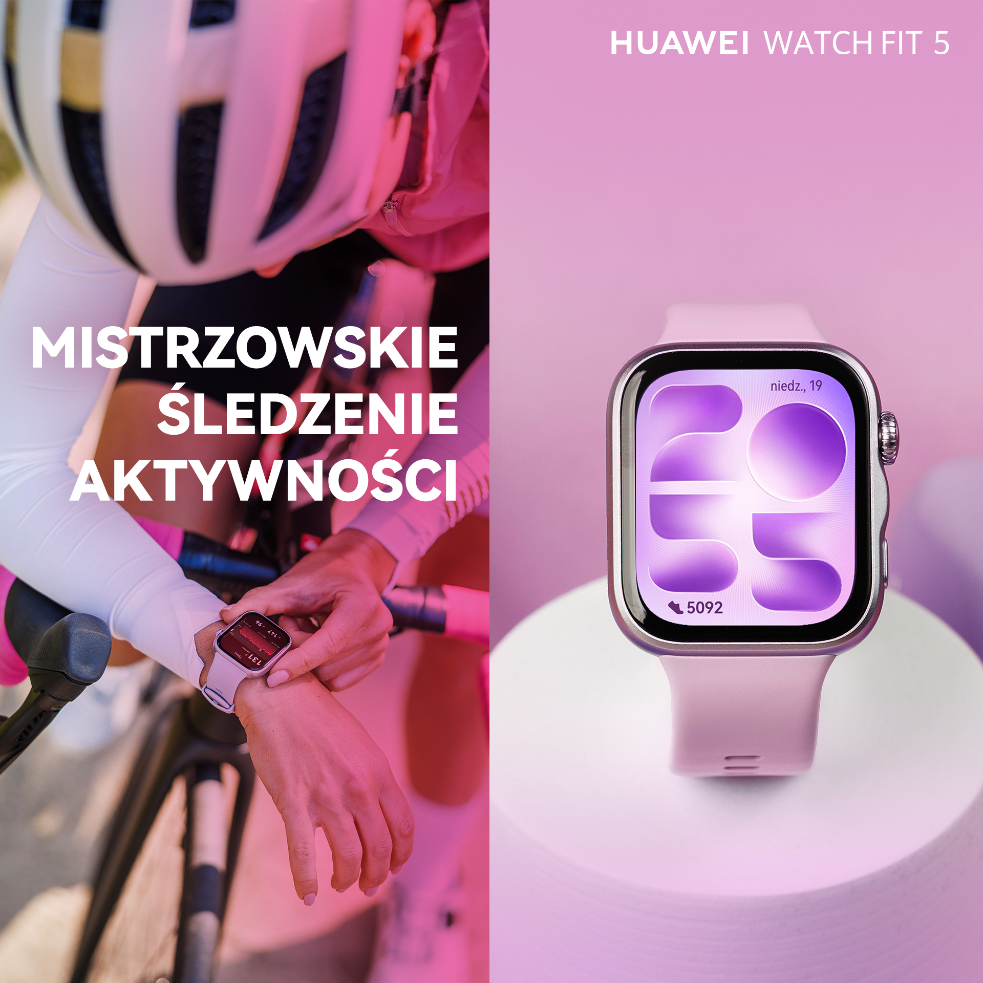 Kolarka sprawdza swój zegarek HUAWEI WATCH FIT 5 z danymi aktywności.
