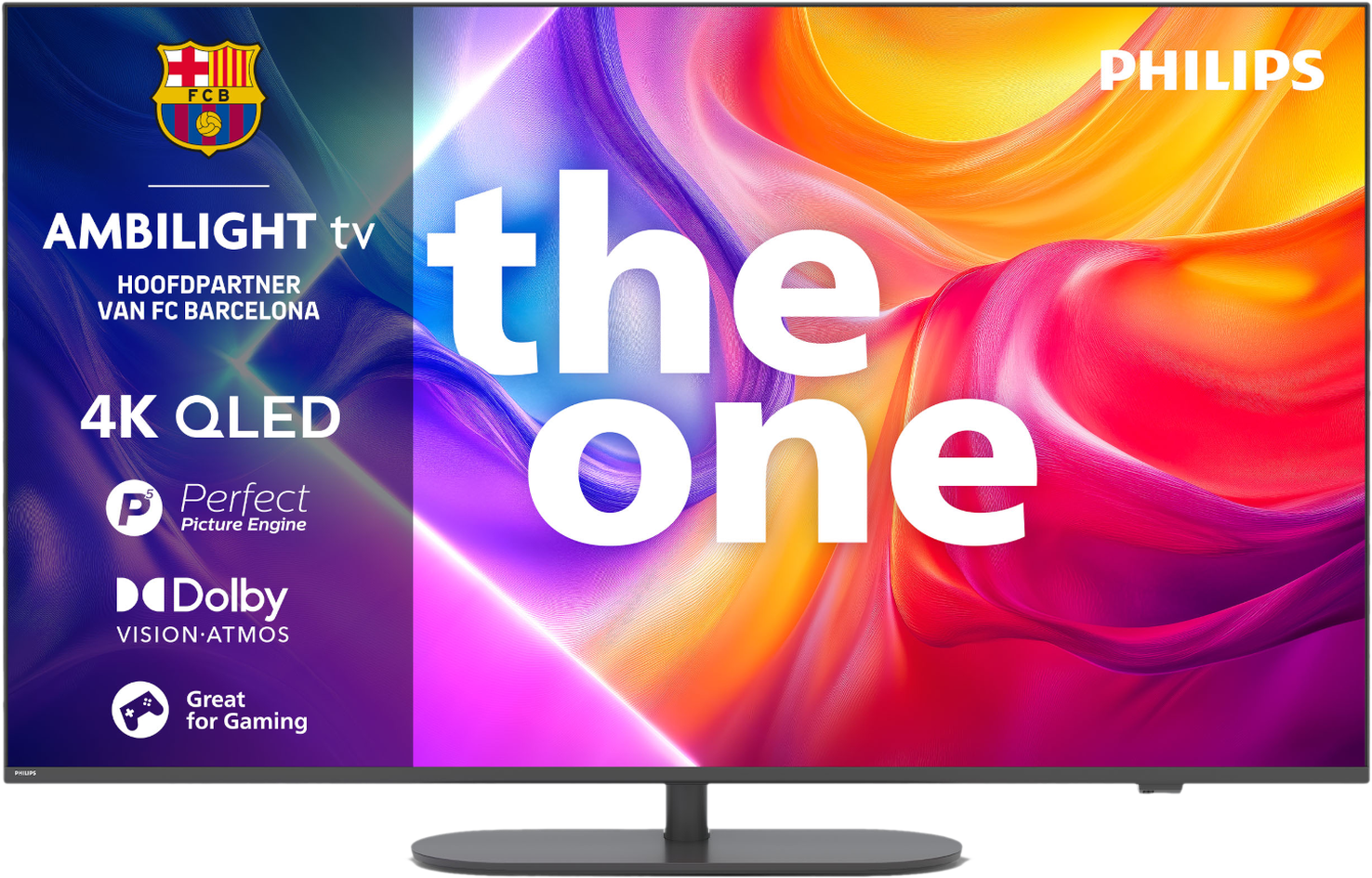 Un TV Philips 4K QLED Ambilight avec logo FC Barcelone et vagues colorées.