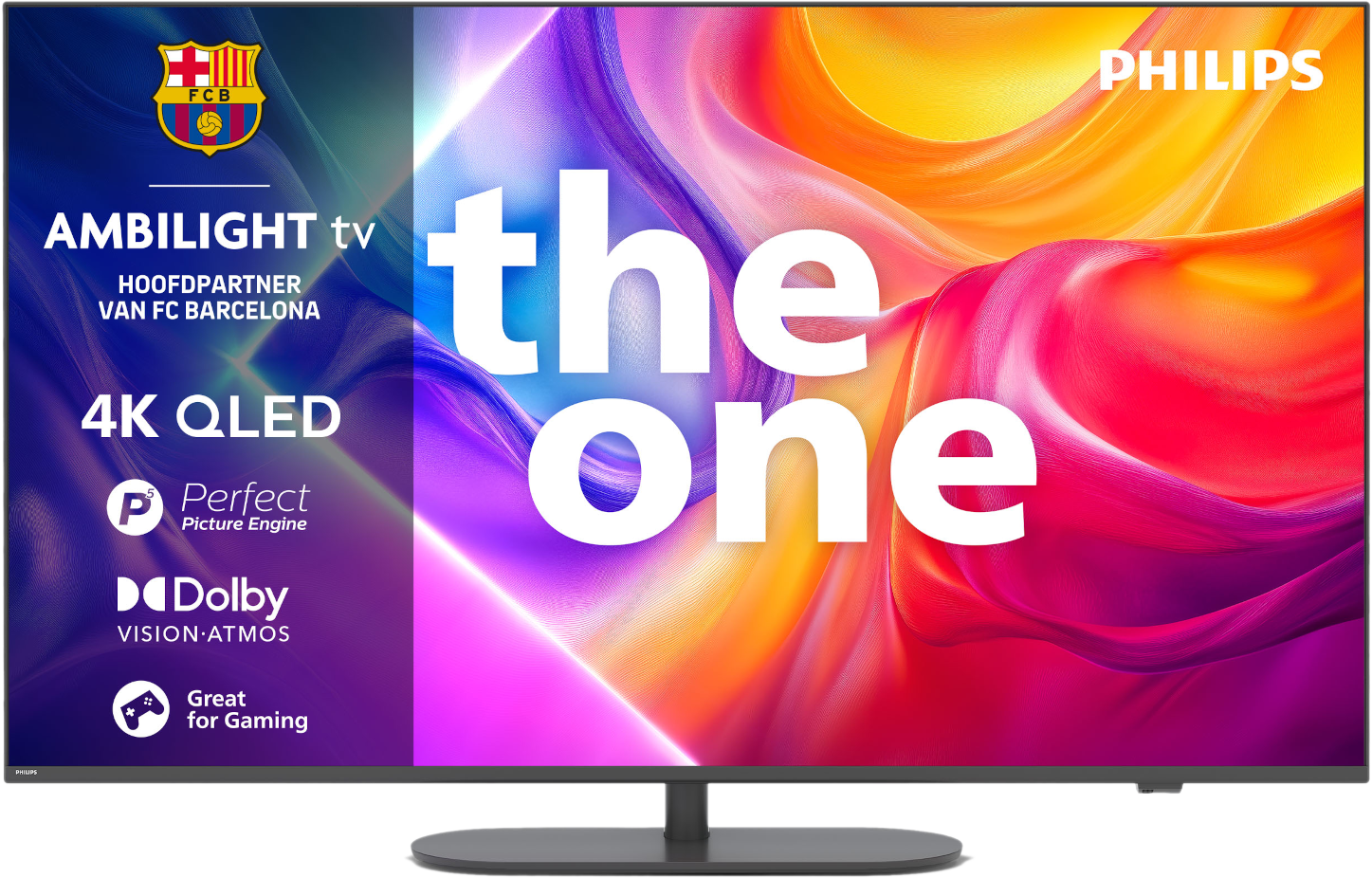 TV Philips Ambilight 4K QLED avec logo FC Barcelone, texte 'the one' et graphique abstrait.