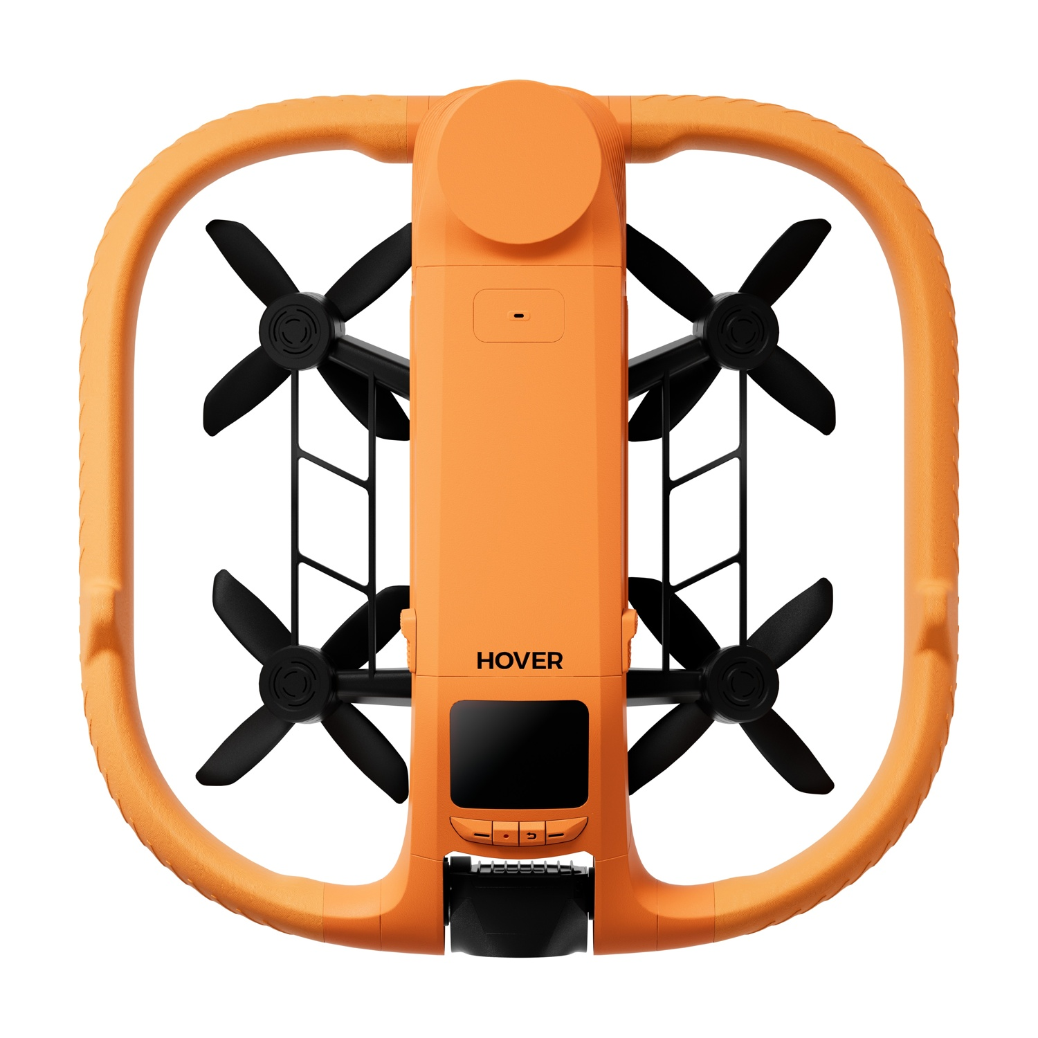Drone arancione con quattro eliche nere e un anello protettivo.