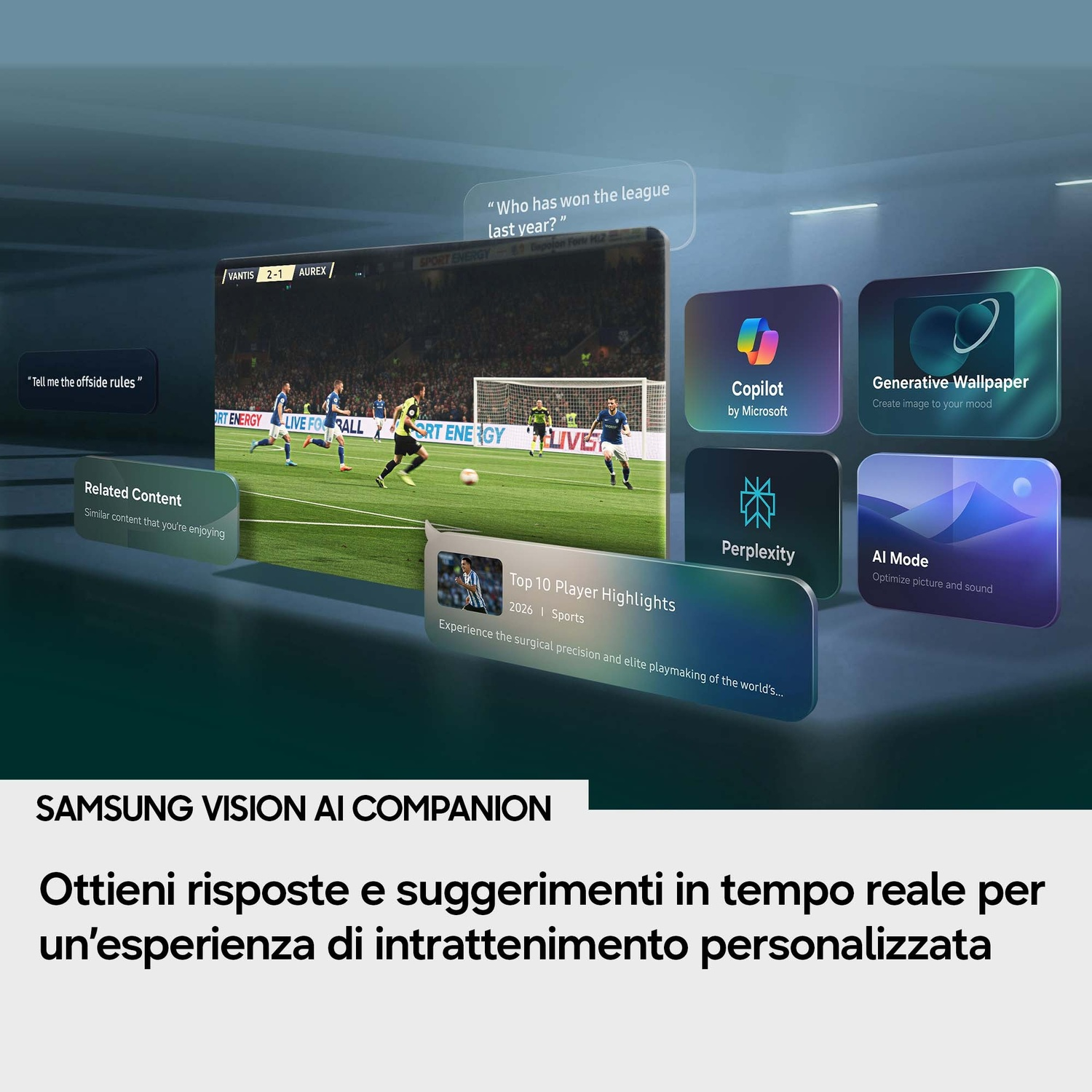 Una partita di calcio con funzionalità IA come Copilot, Generative Wallpaper e AI Mode.