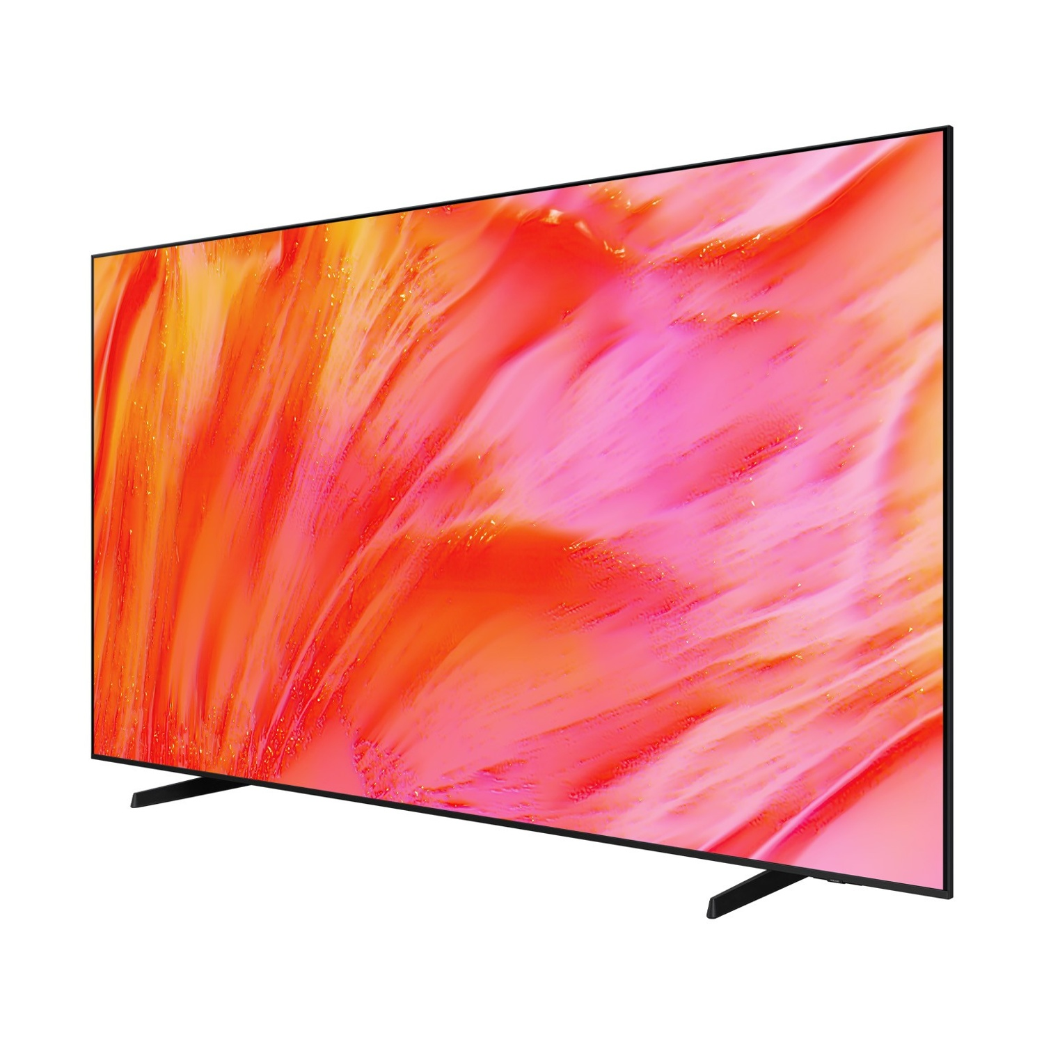 Una TV moderna che mostra un'immagine astratta e vibrante nei toni dell'arancione e del rosa.