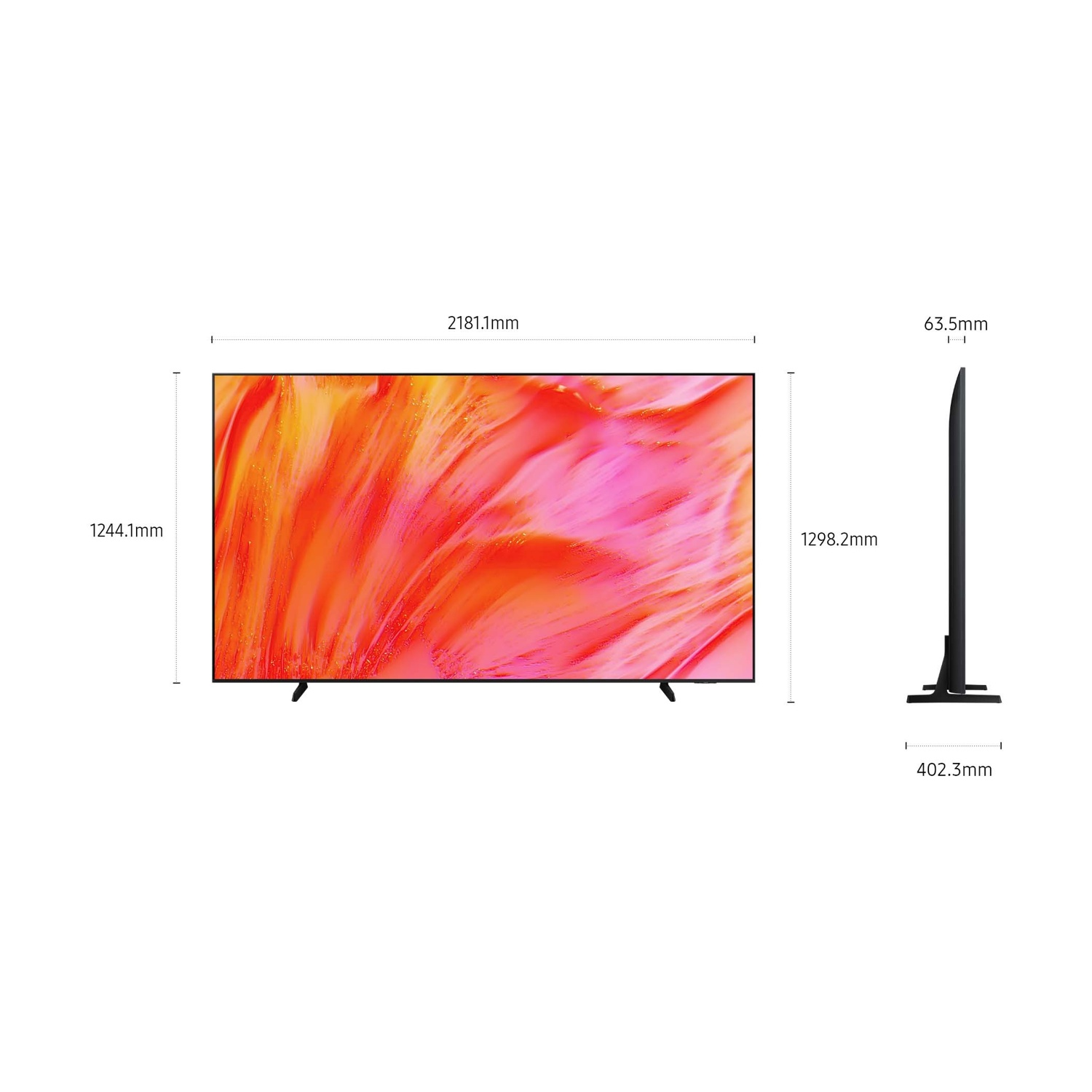 Un grande televisore con schermo astratto e colorato. Vengono mostrate le dimensioni.