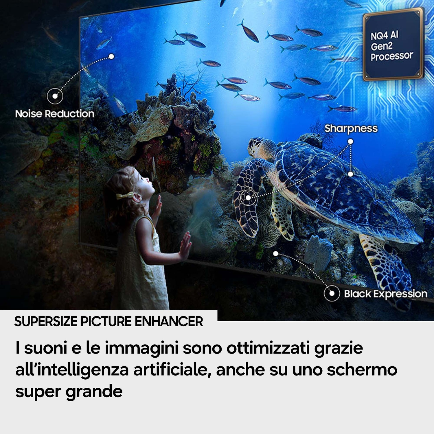 Una bambina guarda uno schermo con tartaruga marina e pesci, con funzioni AI evidenziate.