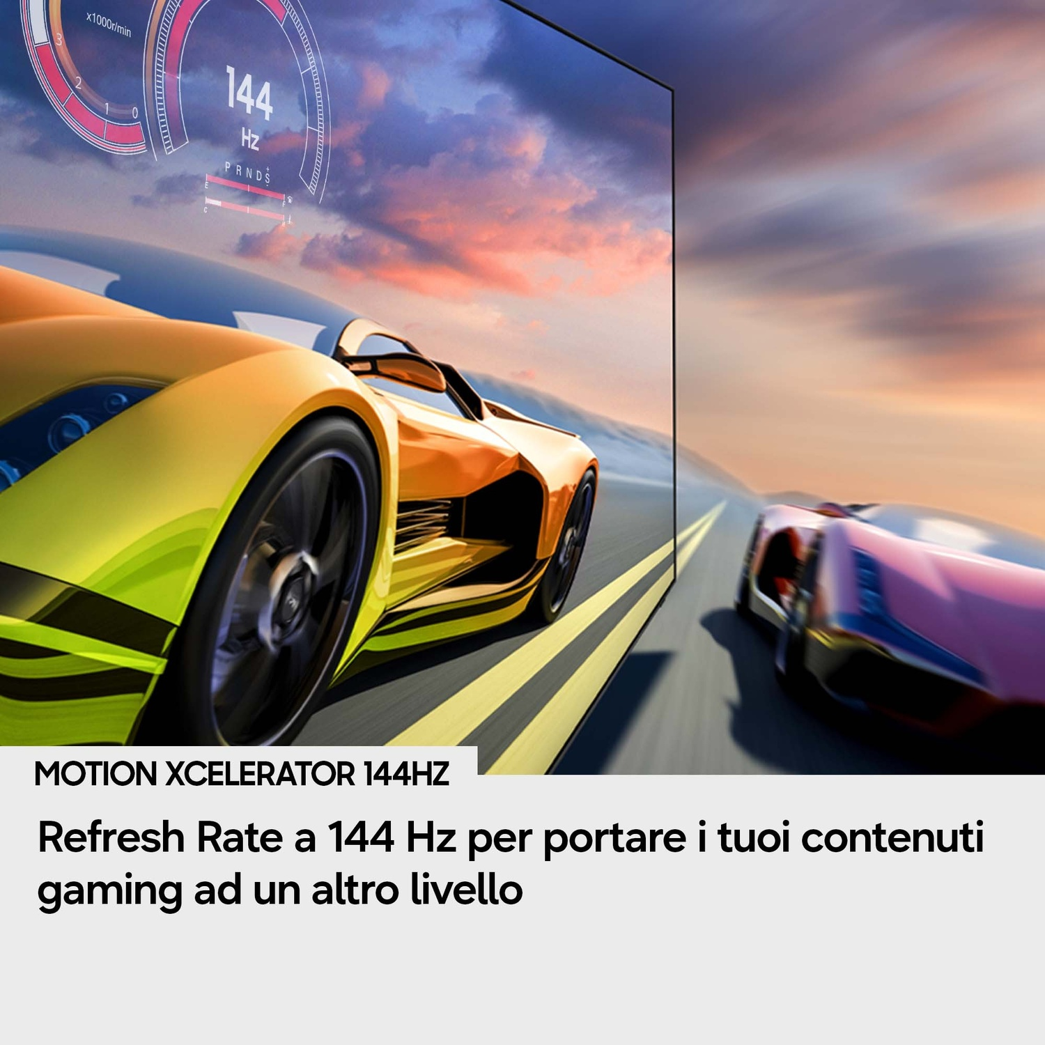 Auto da corsa gialla con display da 144Hz, che guida su una pista.