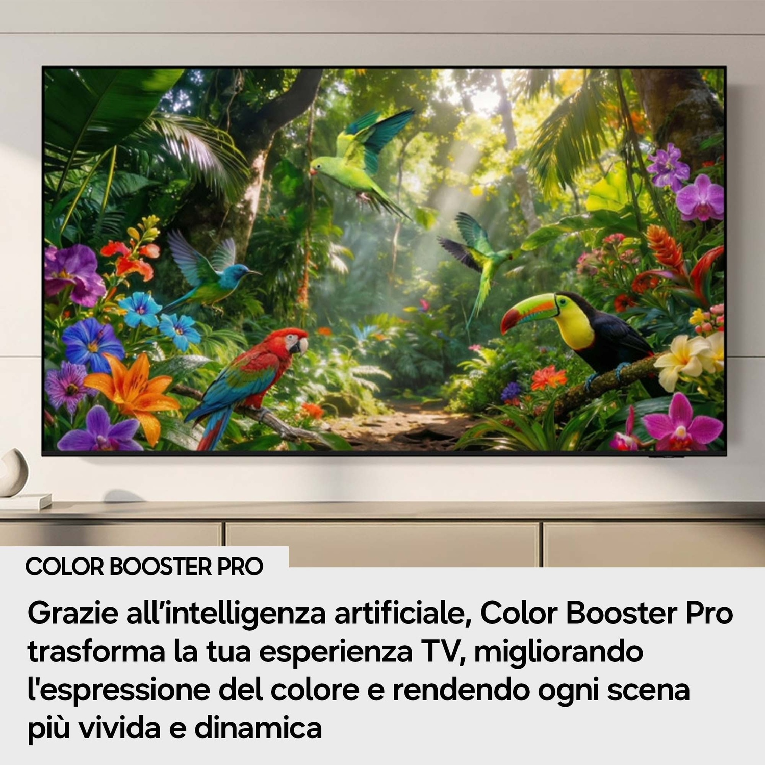 Una scena di foresta pluviale tropicale con fiori colorati e uccelli come pappagalli e tucani.