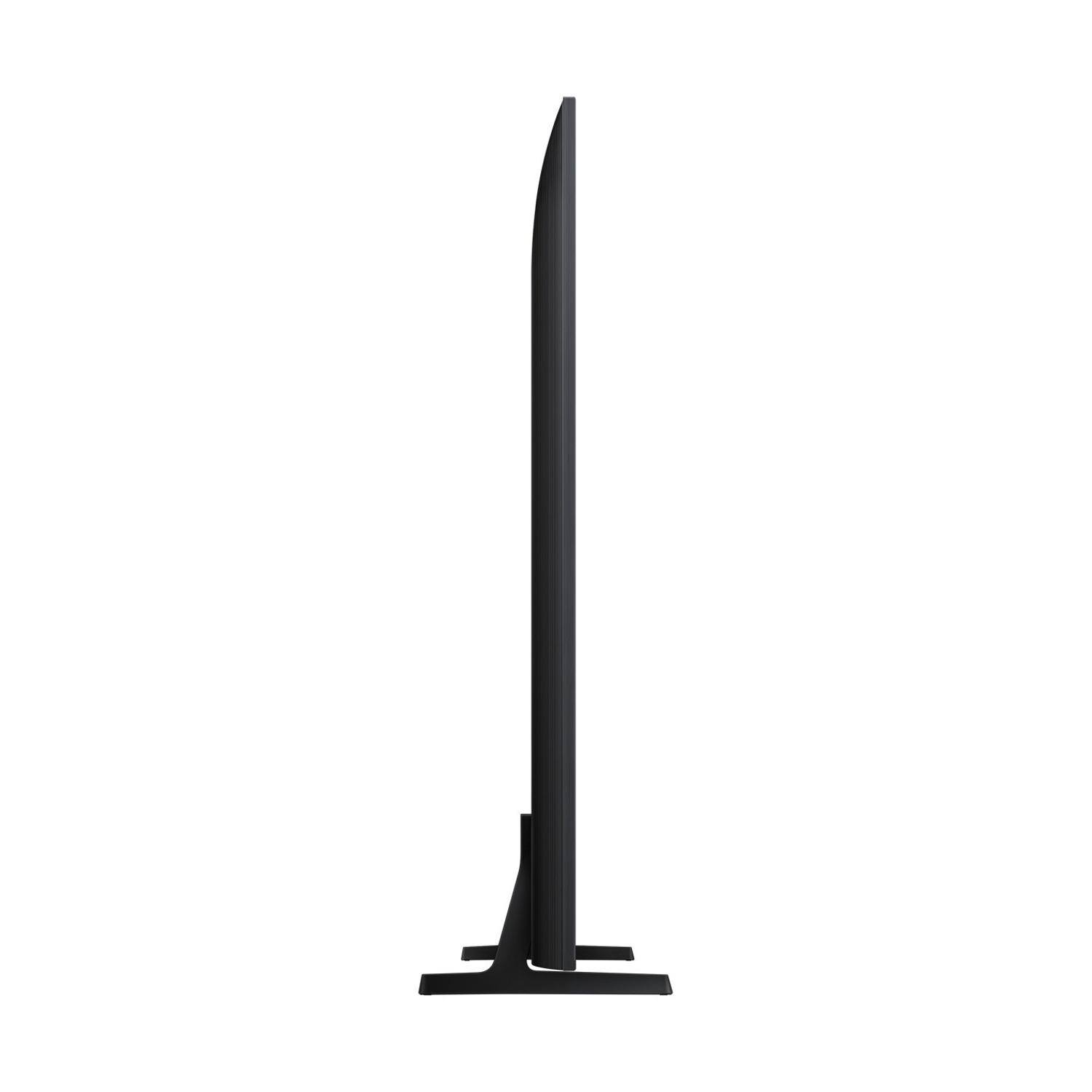 TV nera di profilo su sfondo bianco con supporto stretto.
